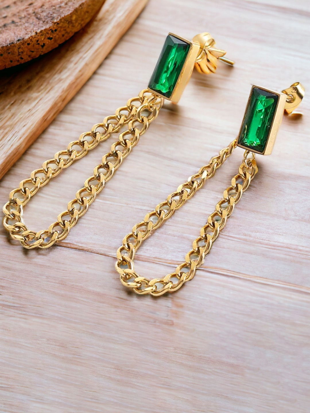 

Okos Gold-Plated Crystals Studded Contemporary Drop Earrings