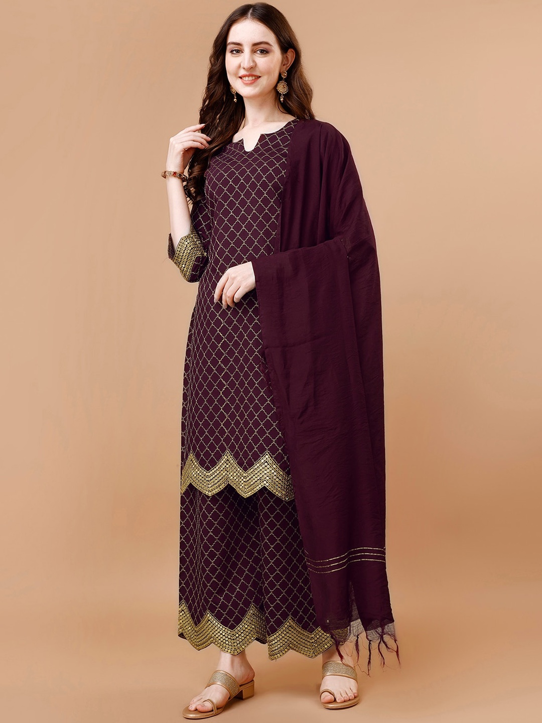 

KALINI Geometric Embroidered Regular Straight Kurta With Palazzos & Dupatta, Purple