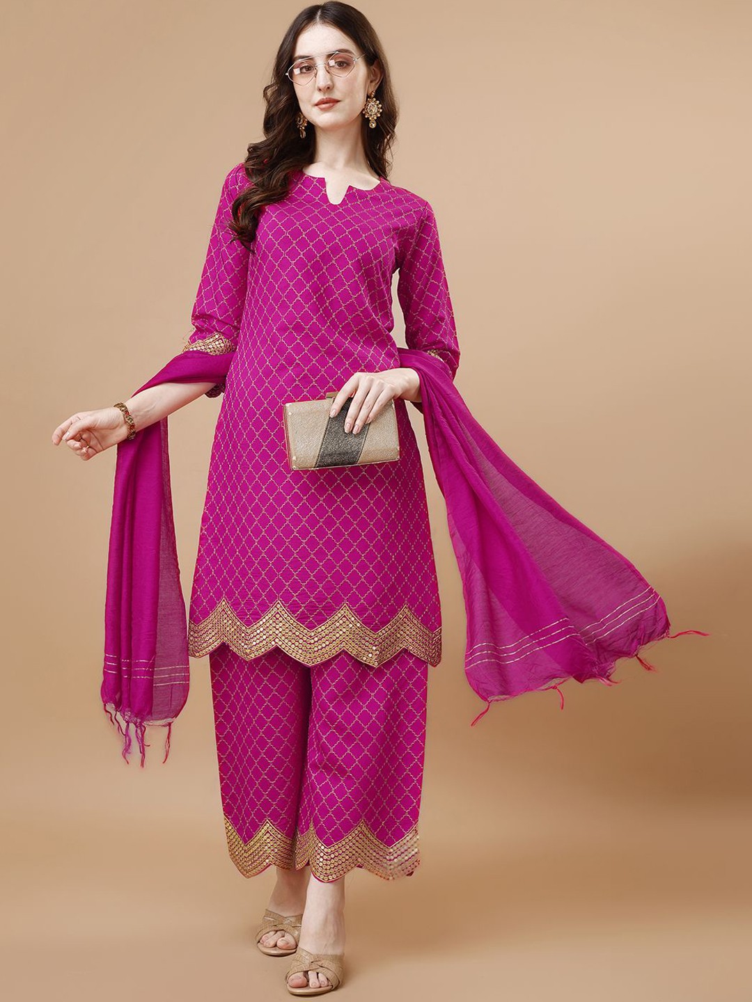 

KALINI Women Ethnic Motifs Embroidered Regular Thread Work Kurta with Palazzos & With Dupatta, Pink