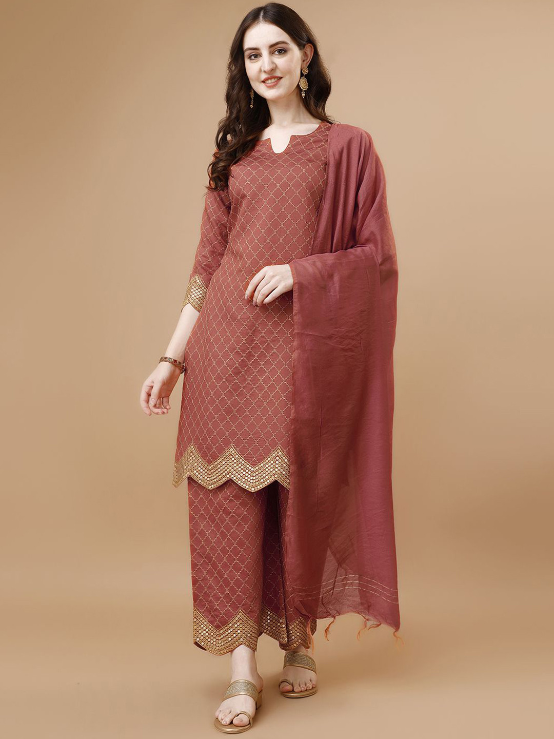 

KALINI Women Embroidered Regular Kurta with Palazzos & With Dupatta, Rust