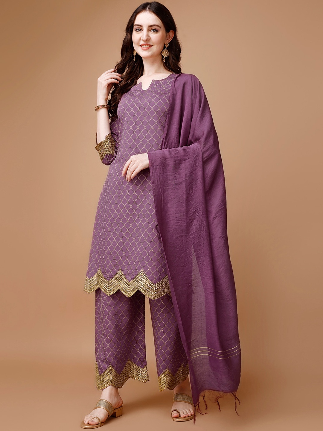 

KALINI Geometric Embroidered Regular Straight Kurta With Palazzos & Dupatta, Purple