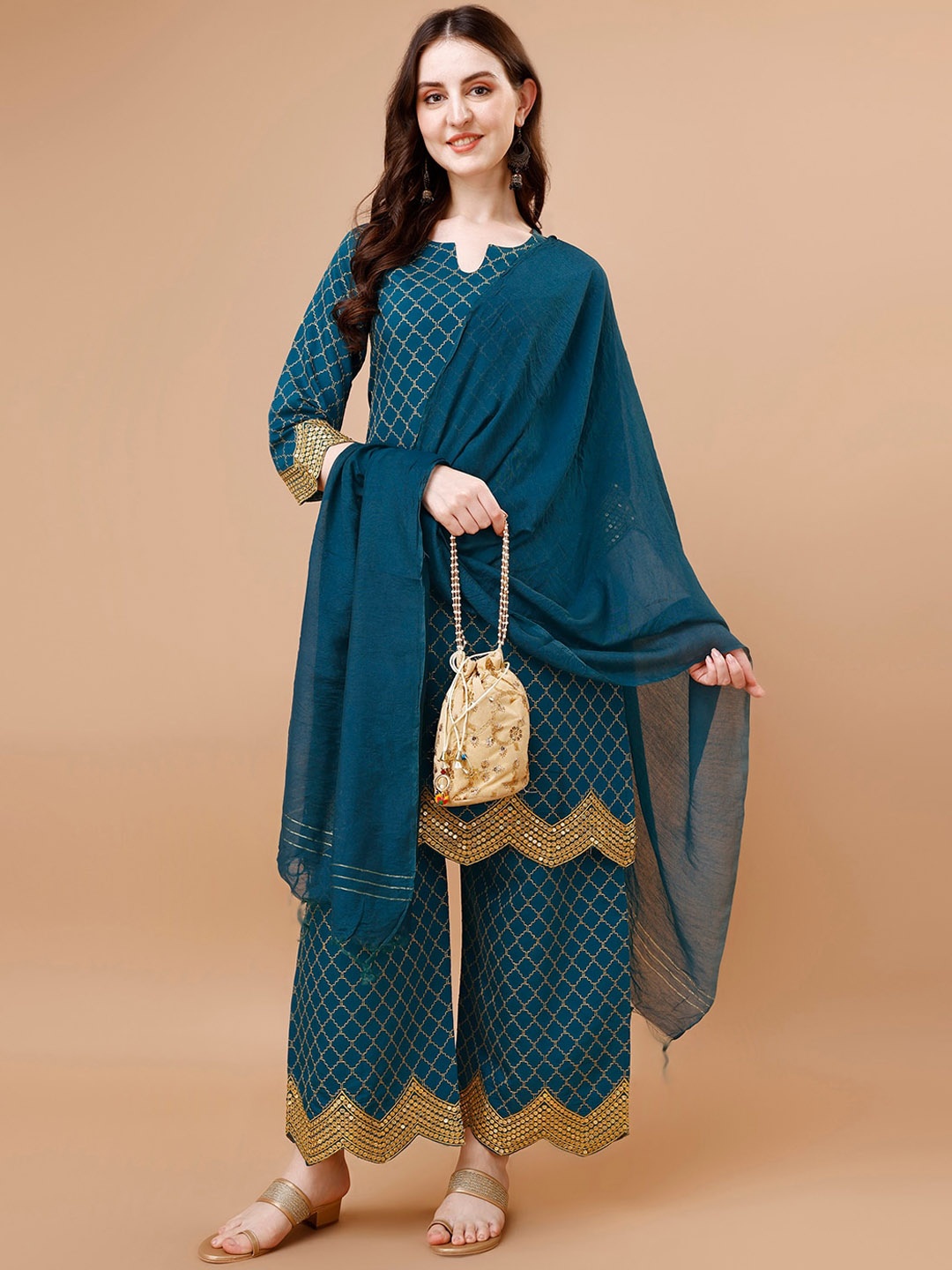 

KALINI Geometric Embroidered Regular Sequinned Straight Kurta With Palazzos & Dupatta, Blue