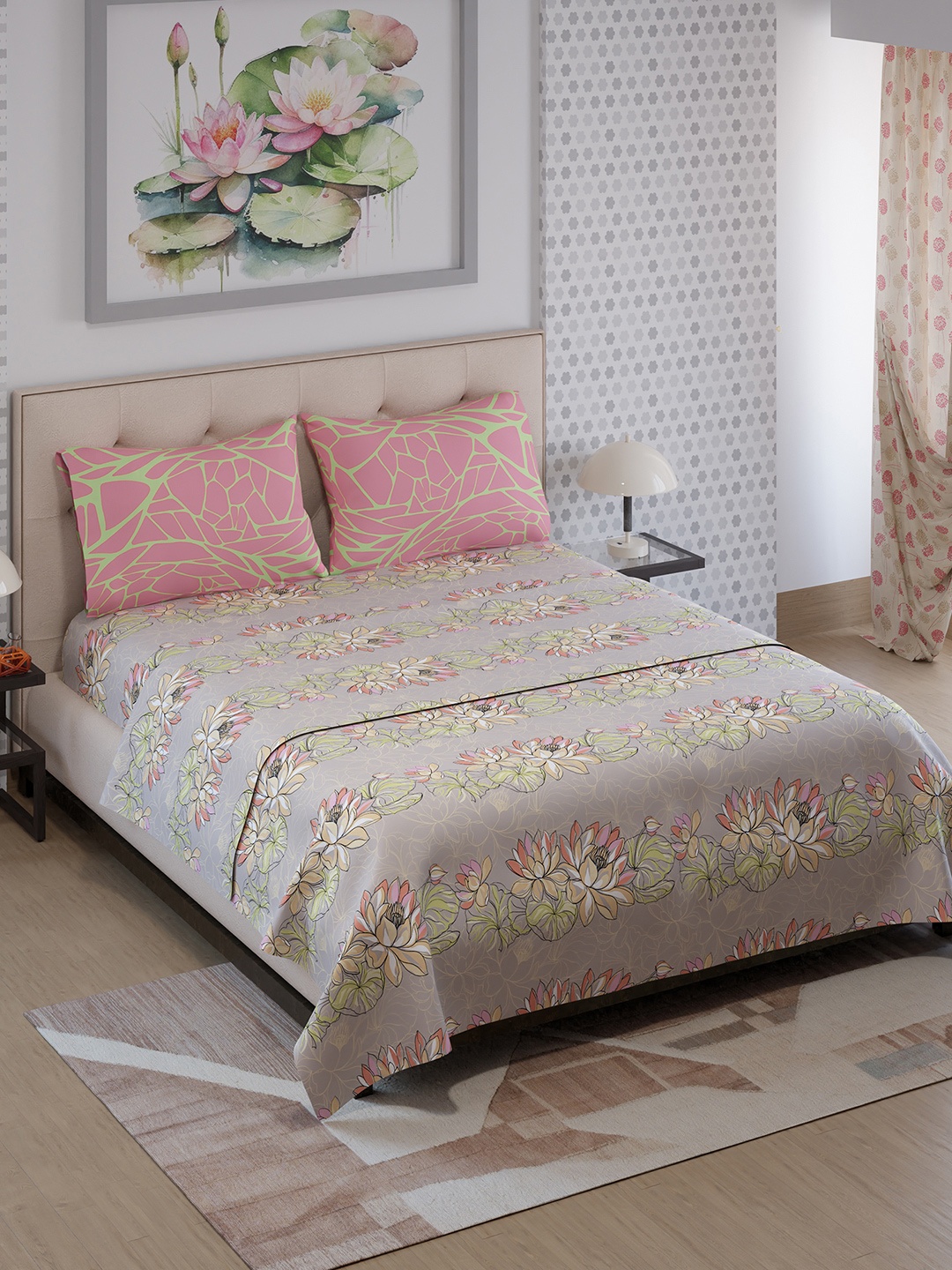 

Color Sense Ivy Grey & Pink Floral Double Bedsheet with 2 Pillow Covers