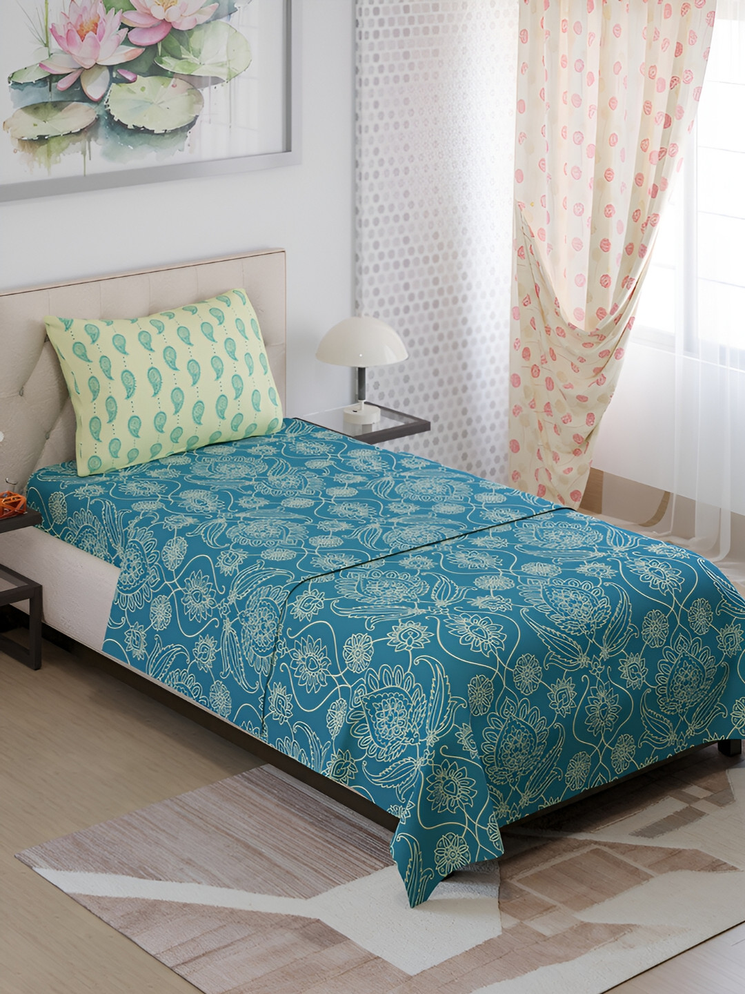 

Color Sense Ivy Blue & Green Ethnic Motifs Single Bedsheet with 1 Pillow Cover