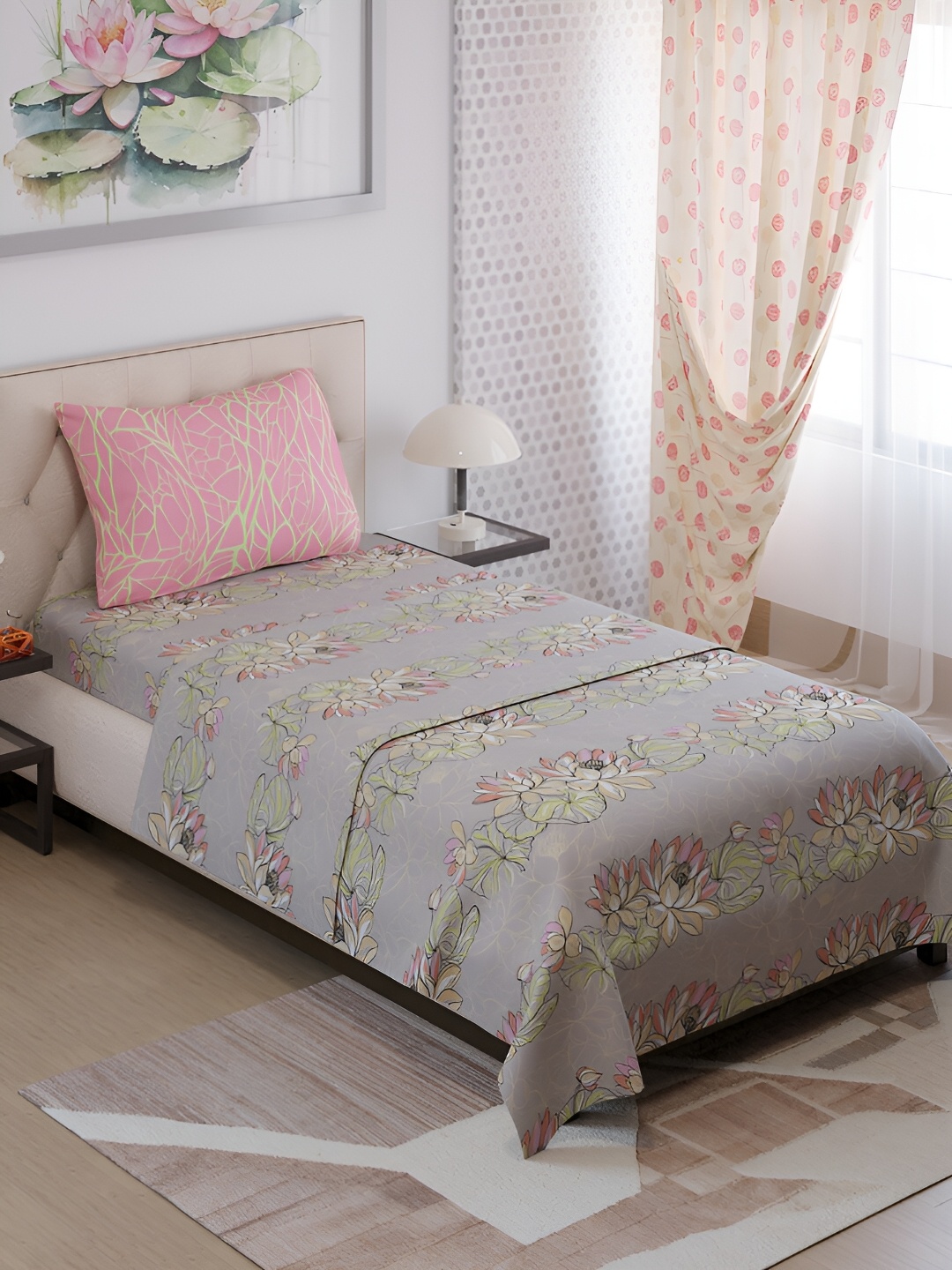 

Color Sense Ivy Grey & Pink Floral Single Bedsheet with 1 Pillow Cover