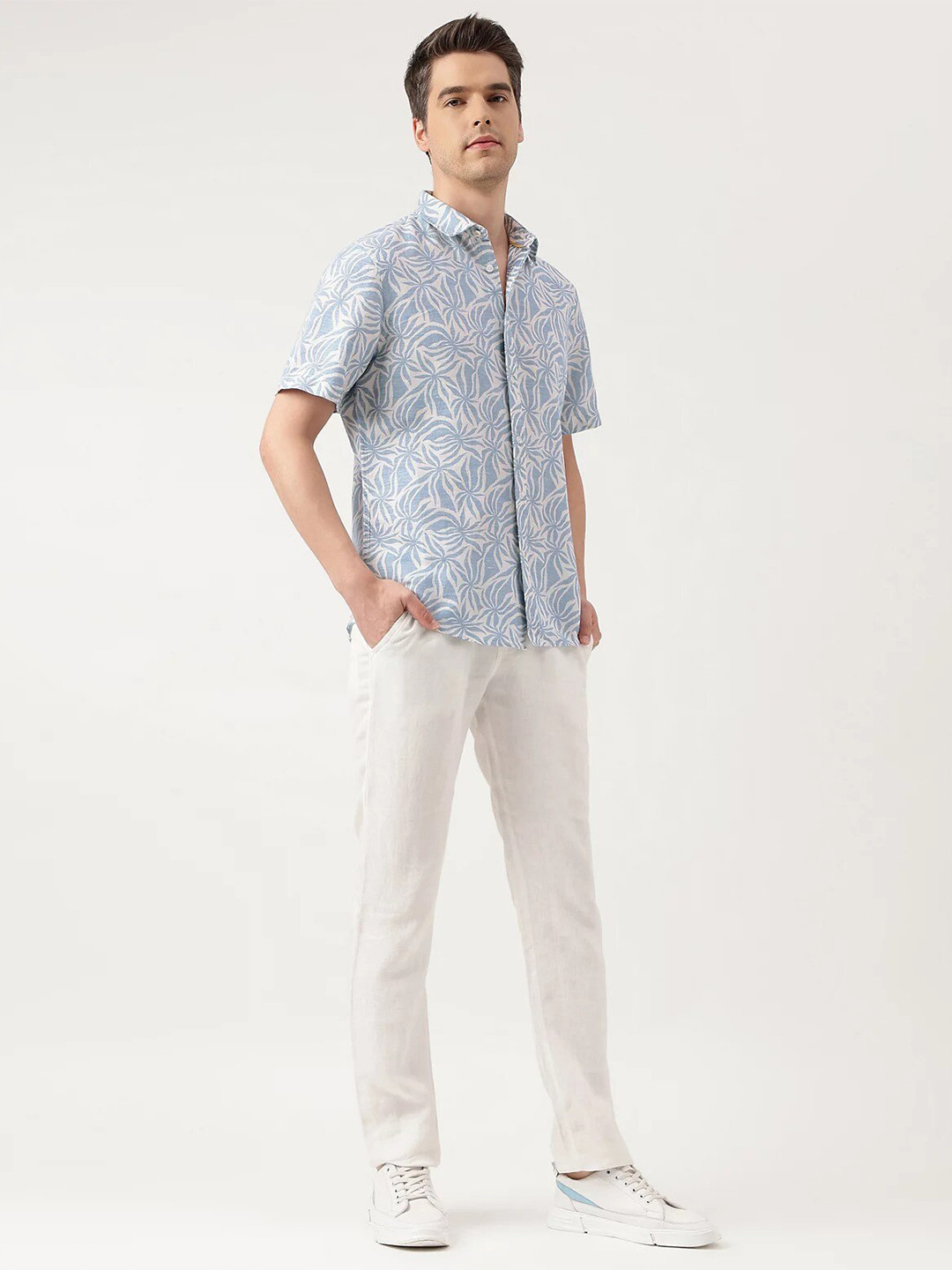 

Marks & Spencer Floral Printed Slim Collar Linen Cotton Casual Shirt, Blue