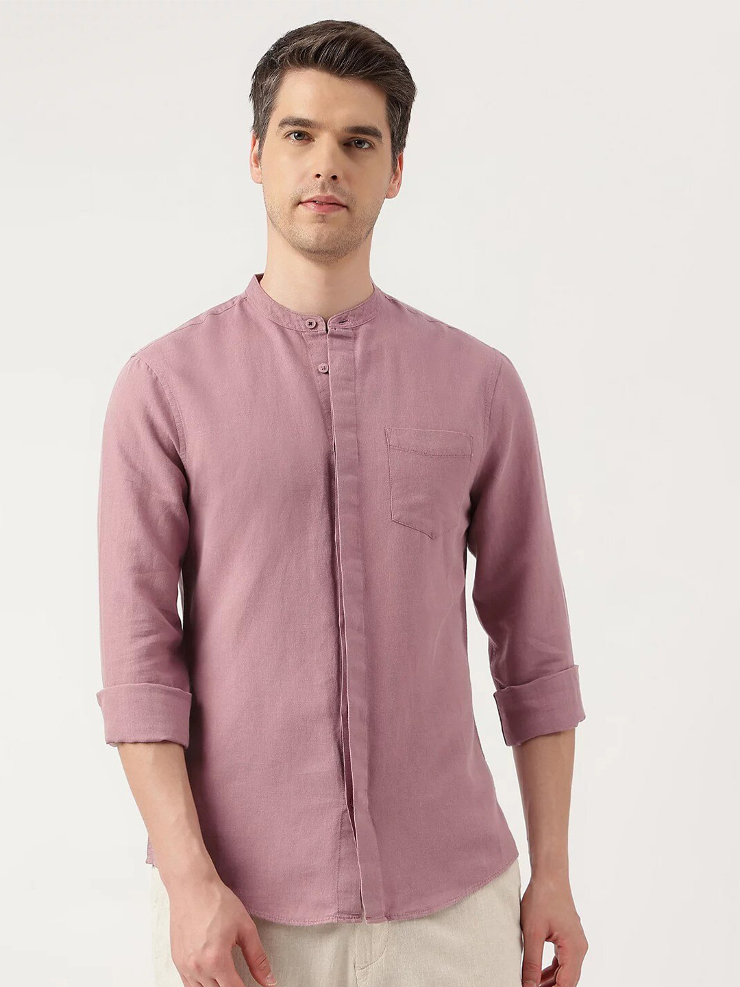 

Marks & Spencer Mandarin Collar Linen Cotton Casual Shirt, Pink