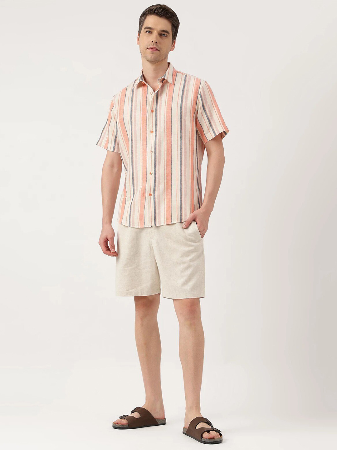 

Marks & Spencer Spread Collar Striped Regular Fit Casual Shirt, Peach