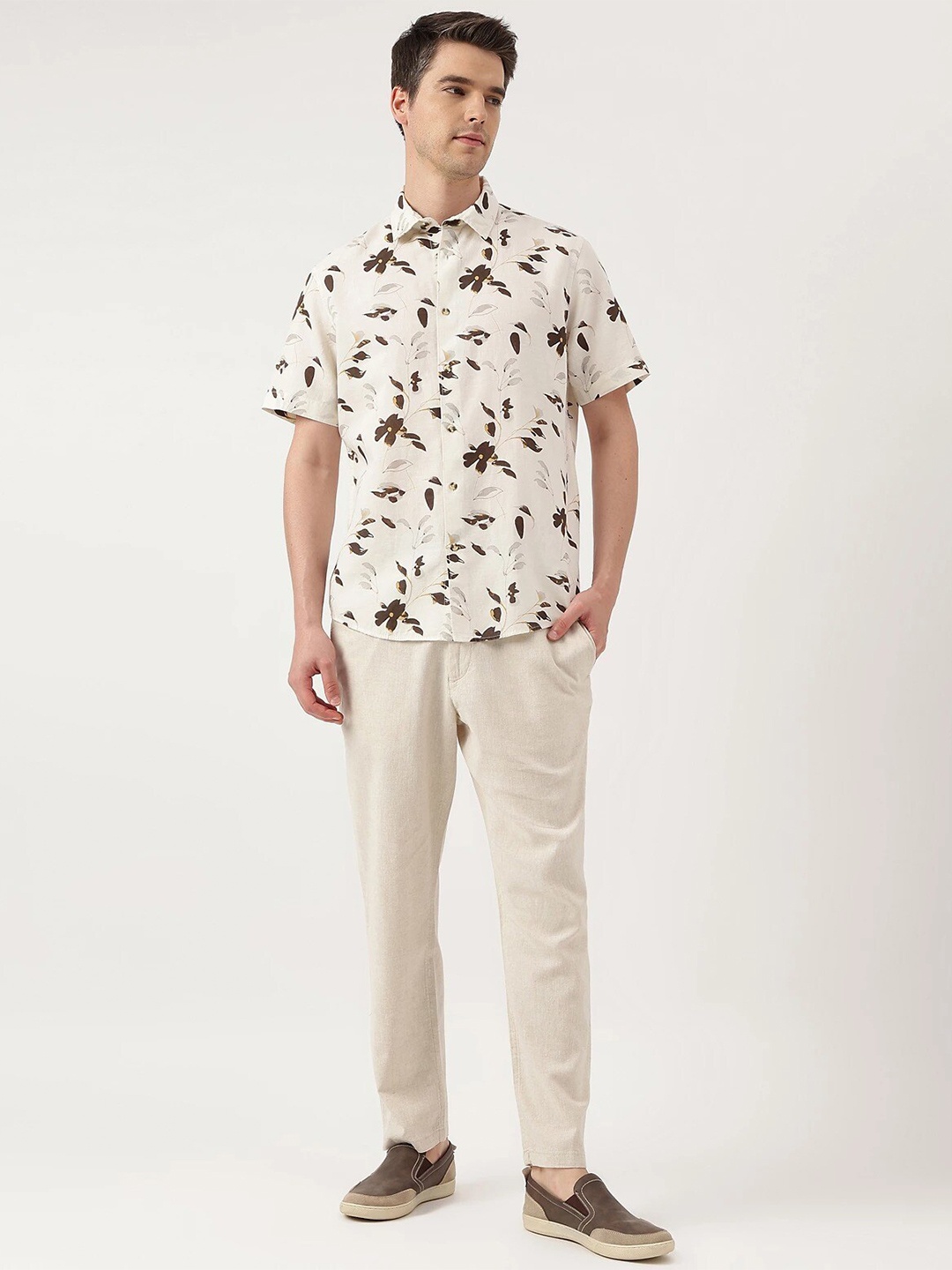 

Marks & Spencer Floral Printed Linen Cotton Casual Shirt, Beige