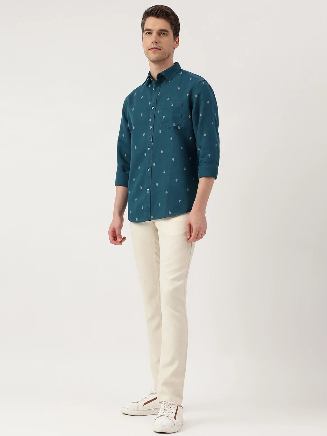 

Marks & Spencer Micro Ditsy Printed Slim Collar Linen Cotton Casual Shirt, Teal