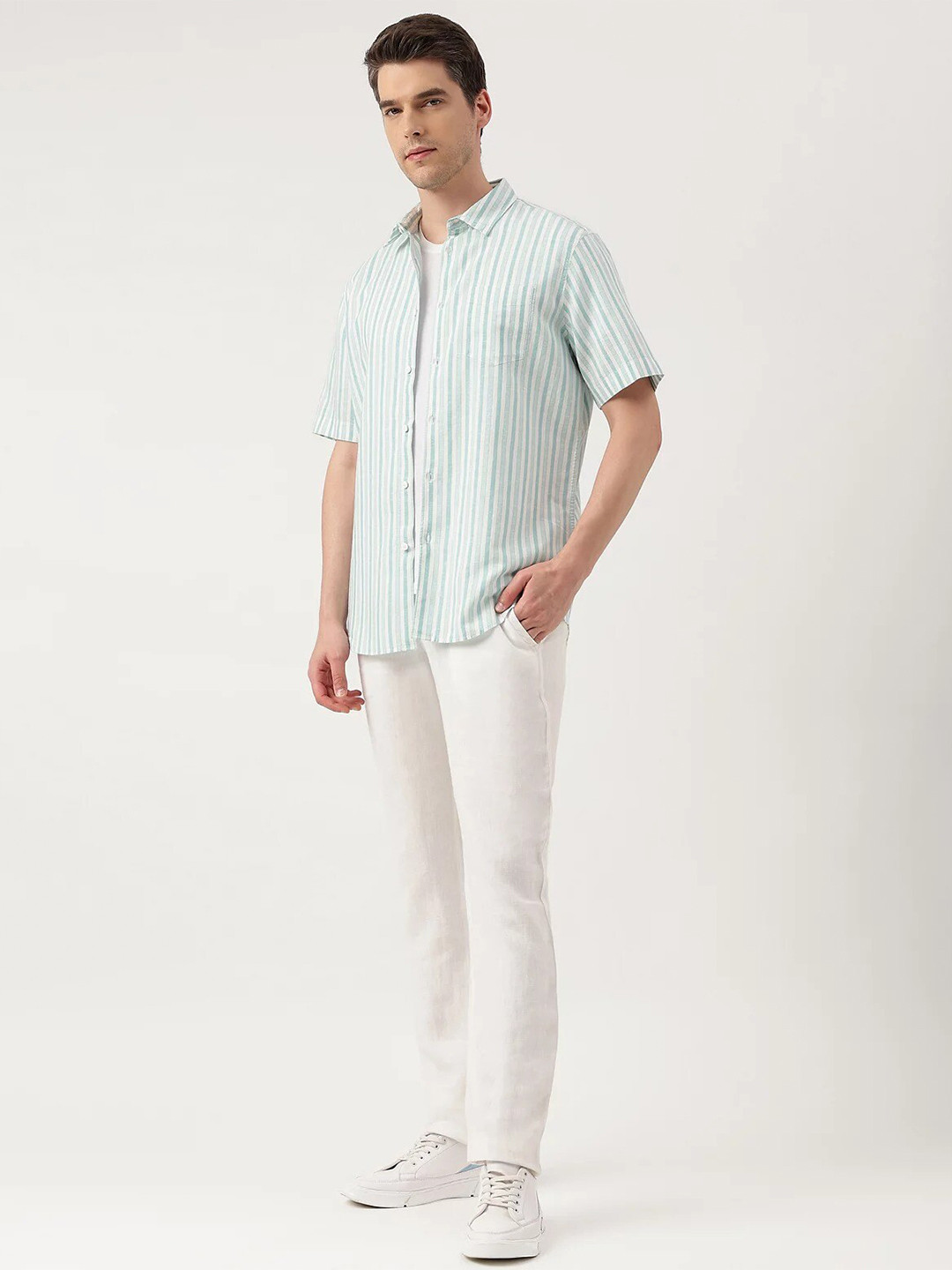 

Marks & Spencer Spread Collar Short Sleeves Striped Regular Fit Casual Shirt, Green
