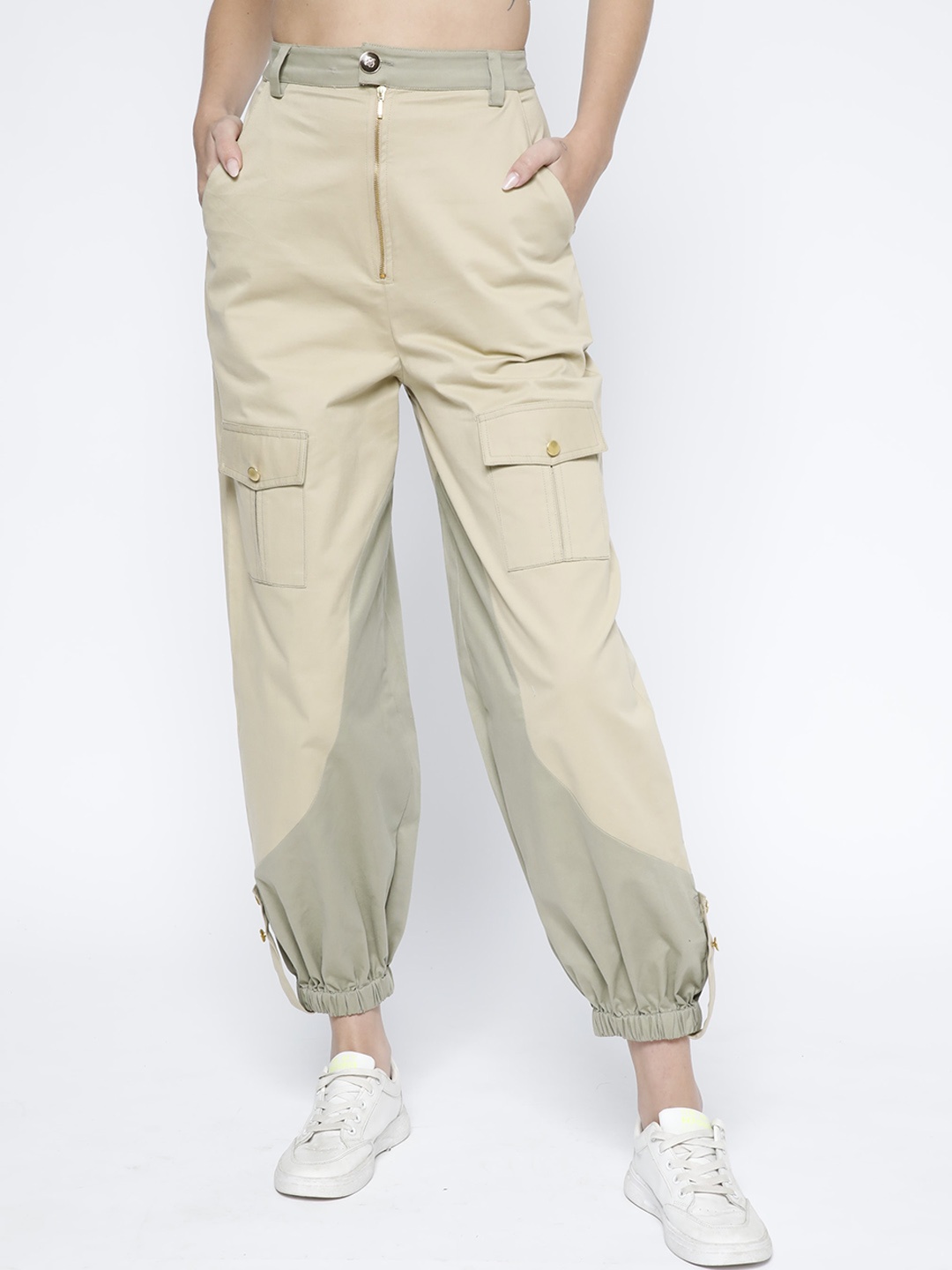 

SAMMYUKK Women Loose Fit High-Rise Cotton Joggers Cargos Trousers, Beige