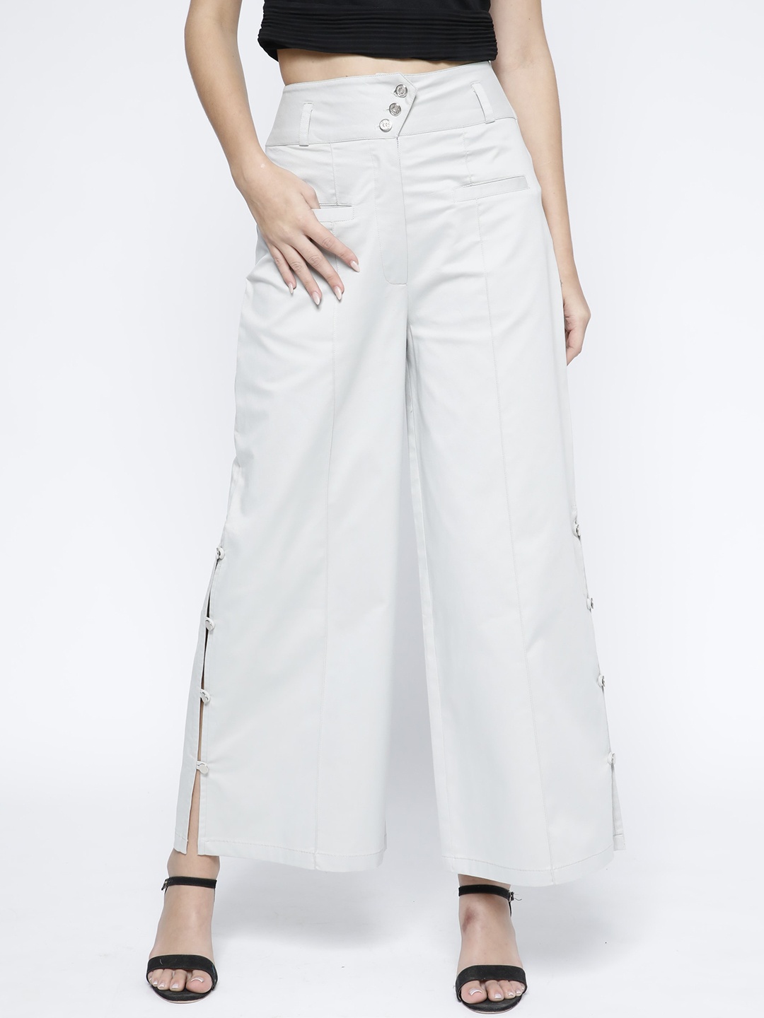 

SAMMYUKK Women Mid-Rise Flared Cotton Parallel Trousers, Grey