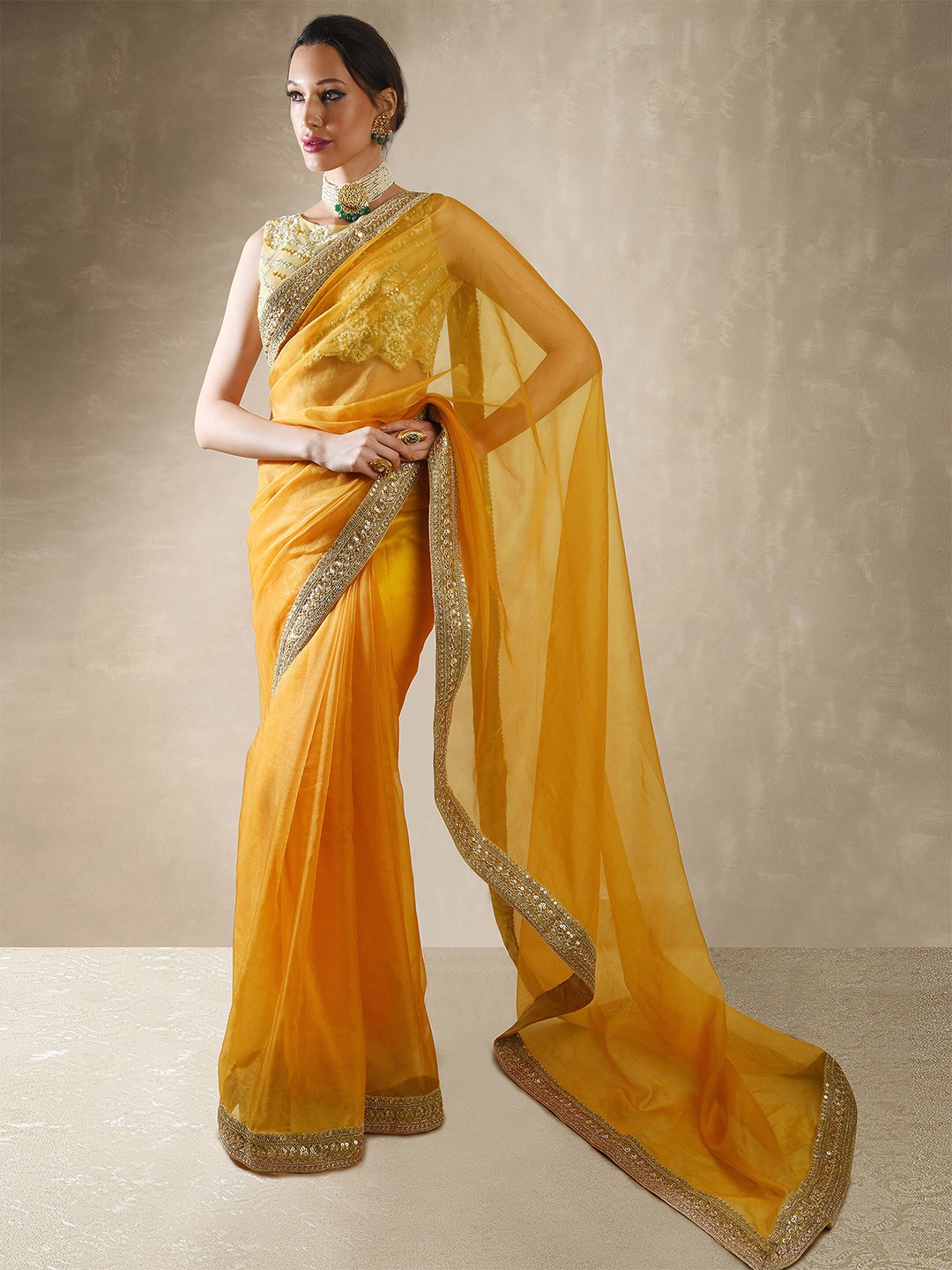

Renee Label Embroidered Pure Silk Saree, Yellow