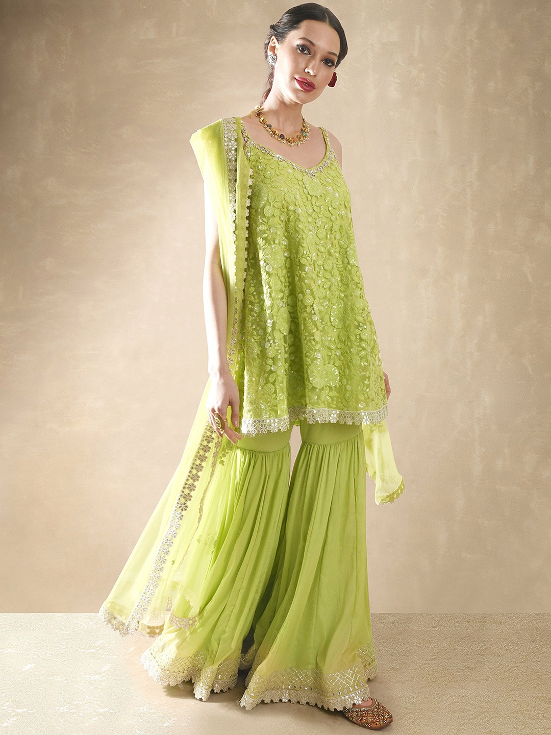 

Renee Label Shoulder Straps Sleeveless Embroidered Sequinned Kurta with Sharara & Dupatta, Lime green