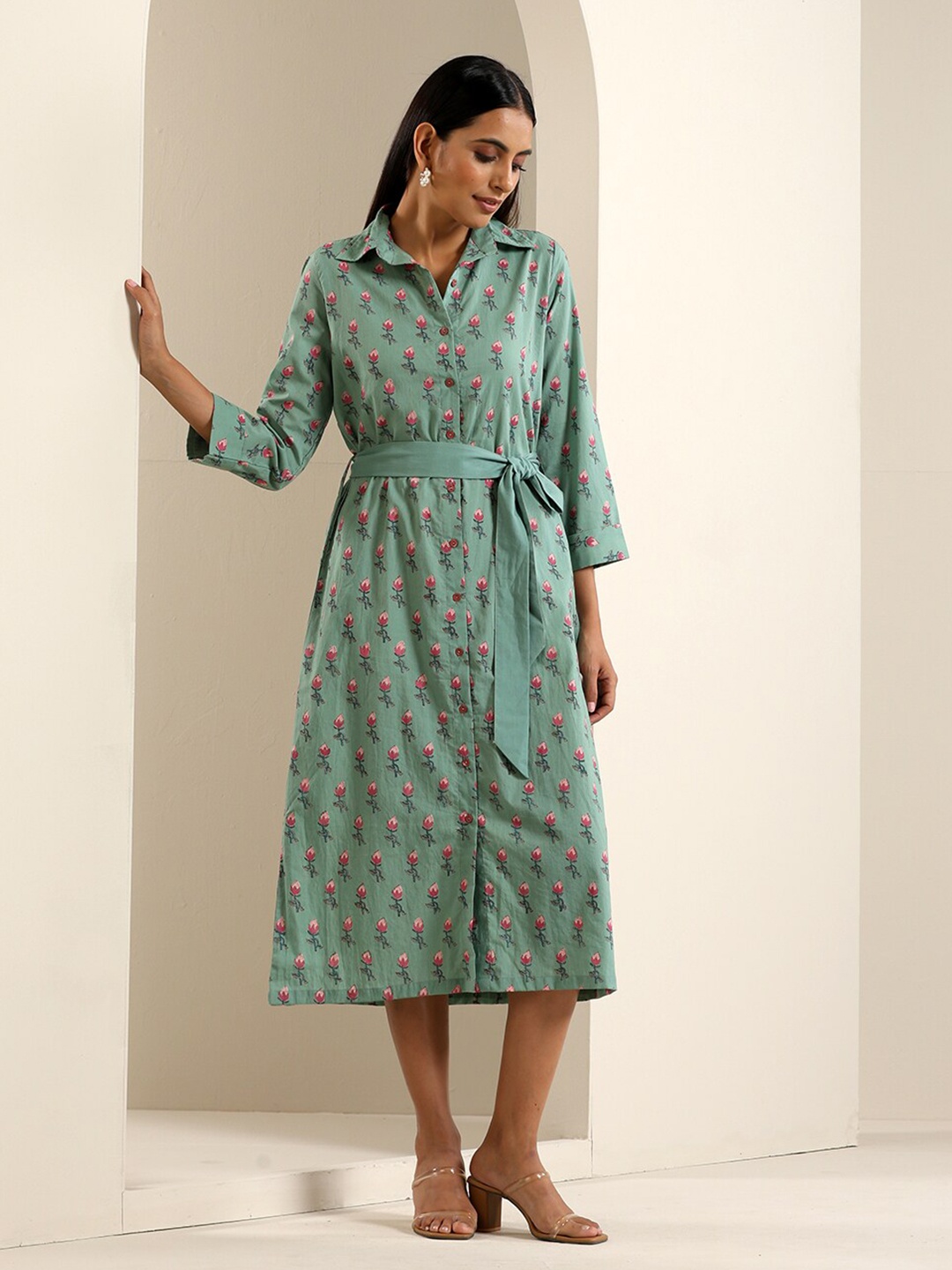 

indy Raaga Floral Print Cotton Shirt Dress, Green