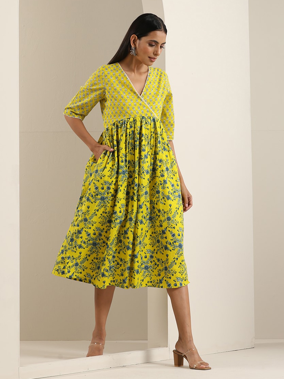 

indy Raaga Floral Print V-Neck Cotton Empire Dress, Yellow