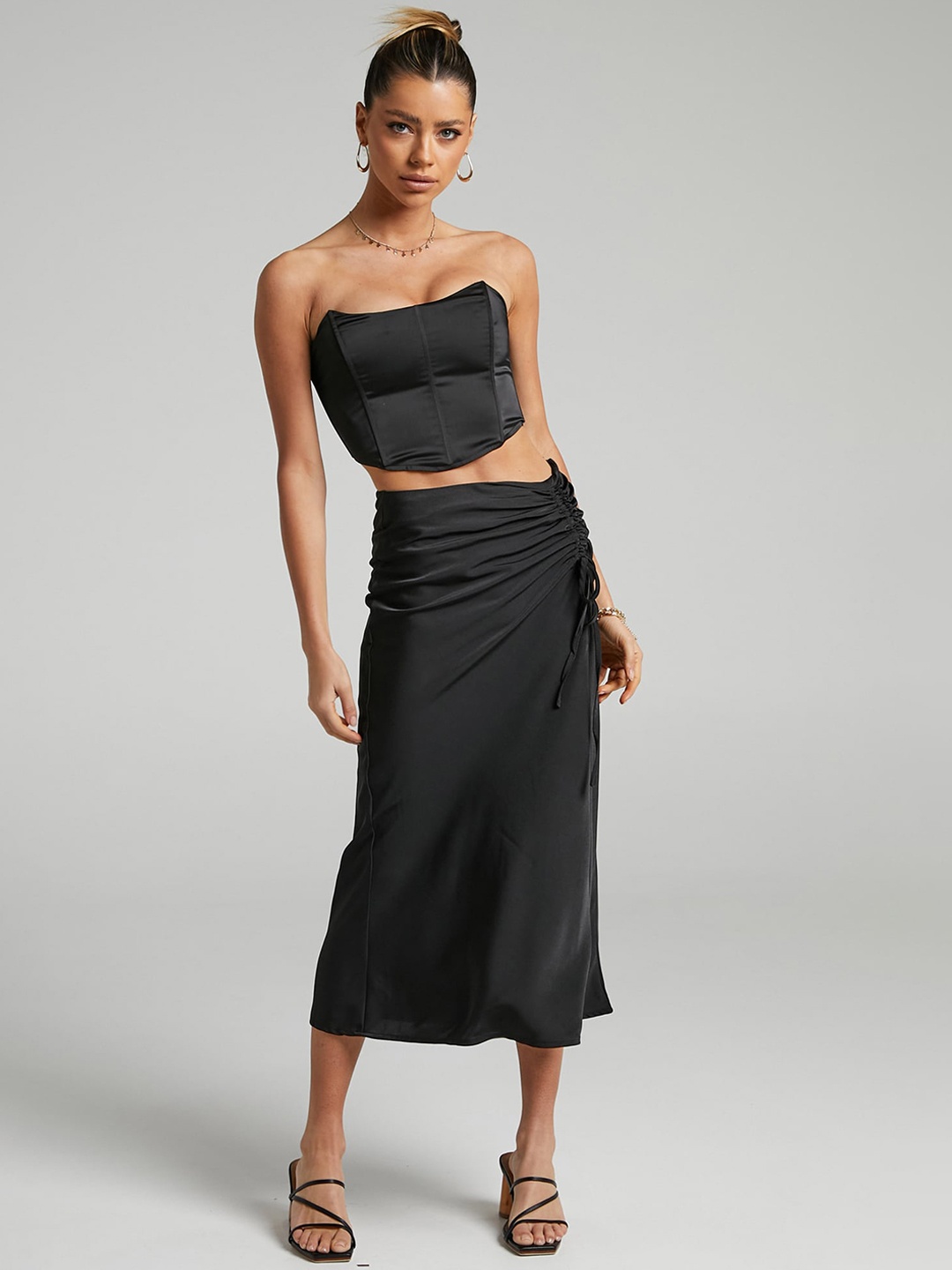 

LULU & SKY Drawstring Detail Mid-length Slip Skirt, Black