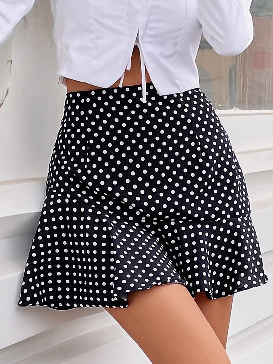 

LULU & SKY Polka Dots Printed Flared Skirt, Black