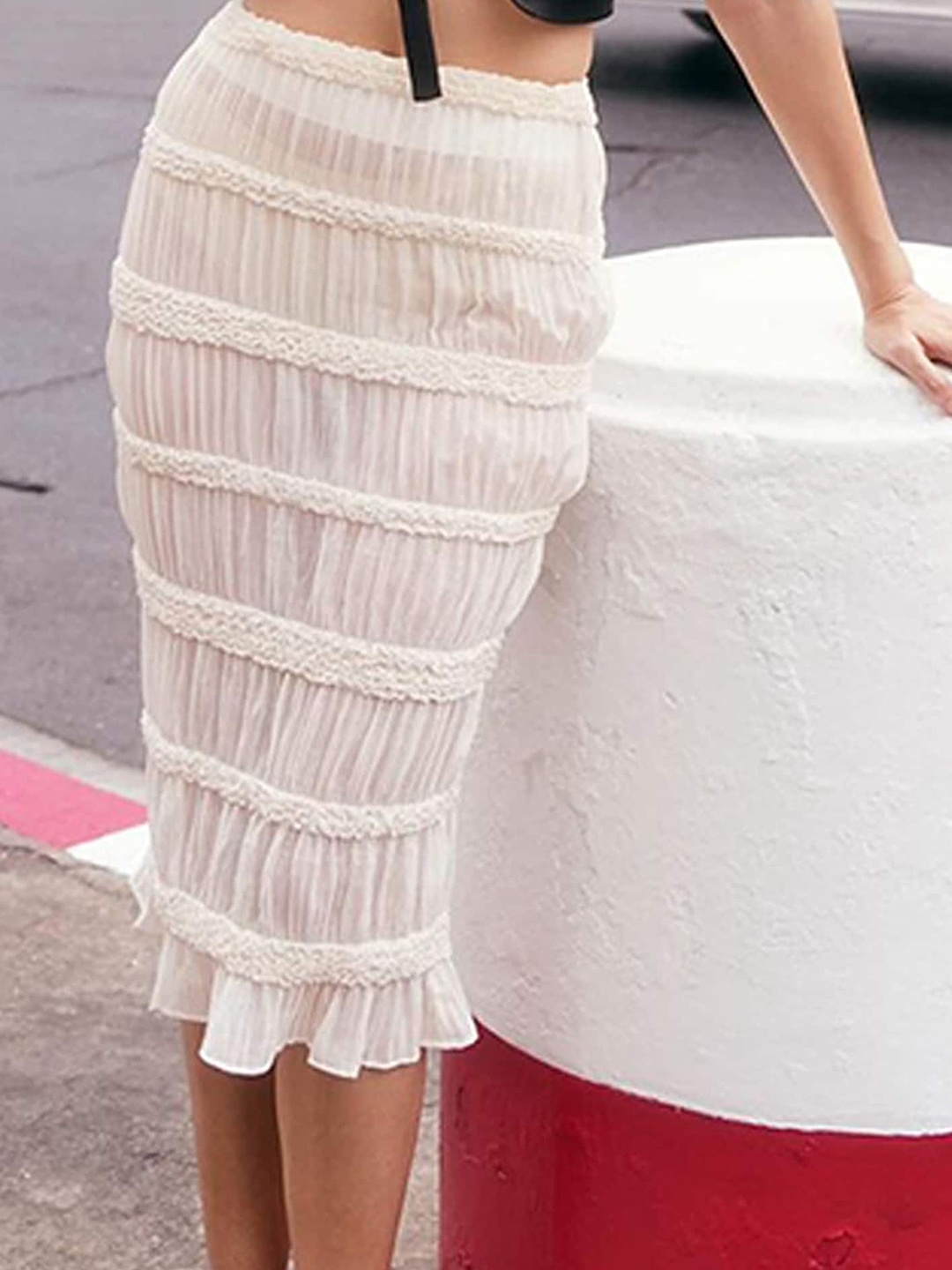 

LULU & SKY Apricot Plisse-Effect Midi Skirt, Beige