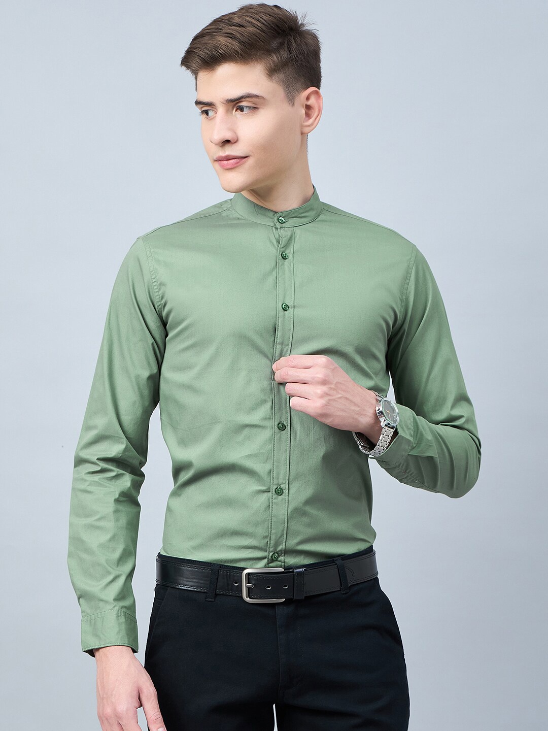 

Style Quotient Slim Fit Mandarin Collar Long Sleeves Cotton Formal Shirt, Green