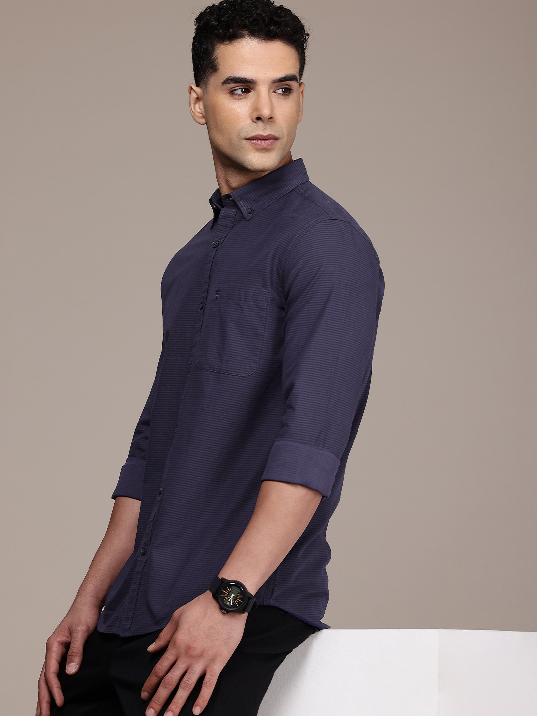 

French Connection Men Premium Slim Fit Horizontal Striped Pure Cotton Casual Shirt, Navy blue