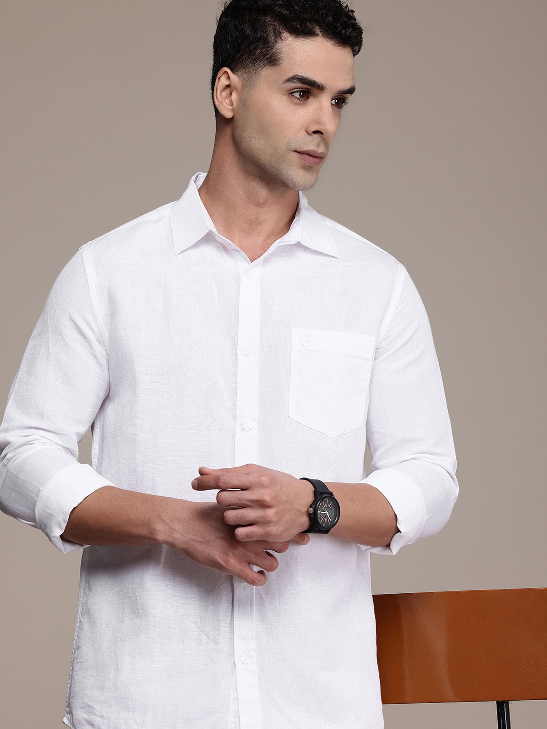 

French Connection Men Premium Slim Fit Cotton Linen Casual Shirt, White