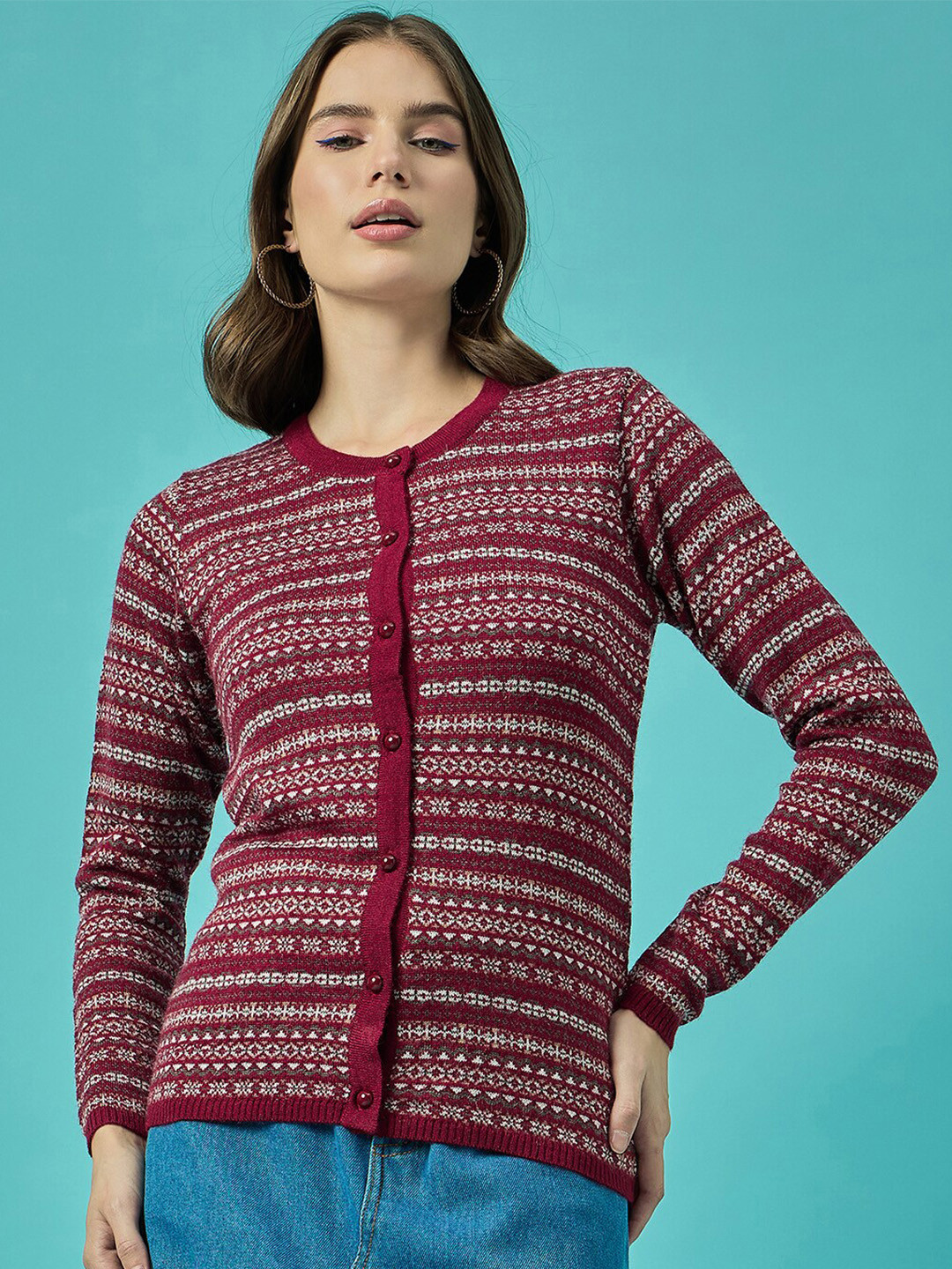

CLAPTON Round Neck Long Sleeves Striped Woollen Cardigan, Maroon