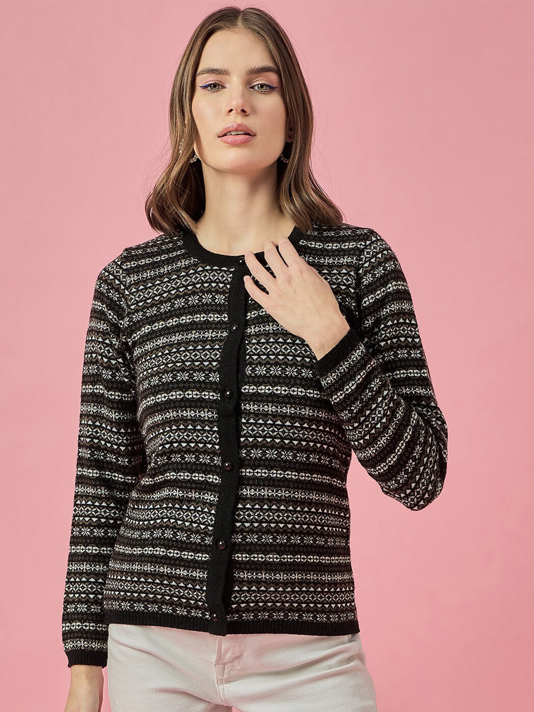 

CLAPTON Round Neck Long Sleeves Striped Woollen Cardigan, Black