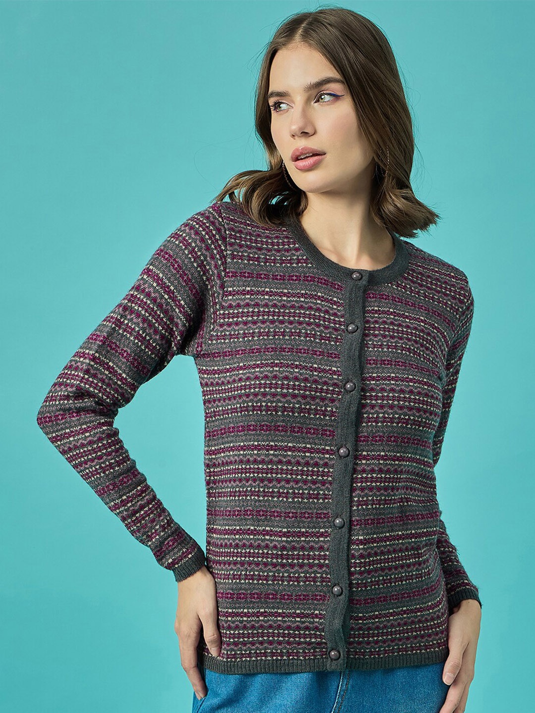 

CLAPTON Self Design Woollen Front Open Cardigan, Grey melange
