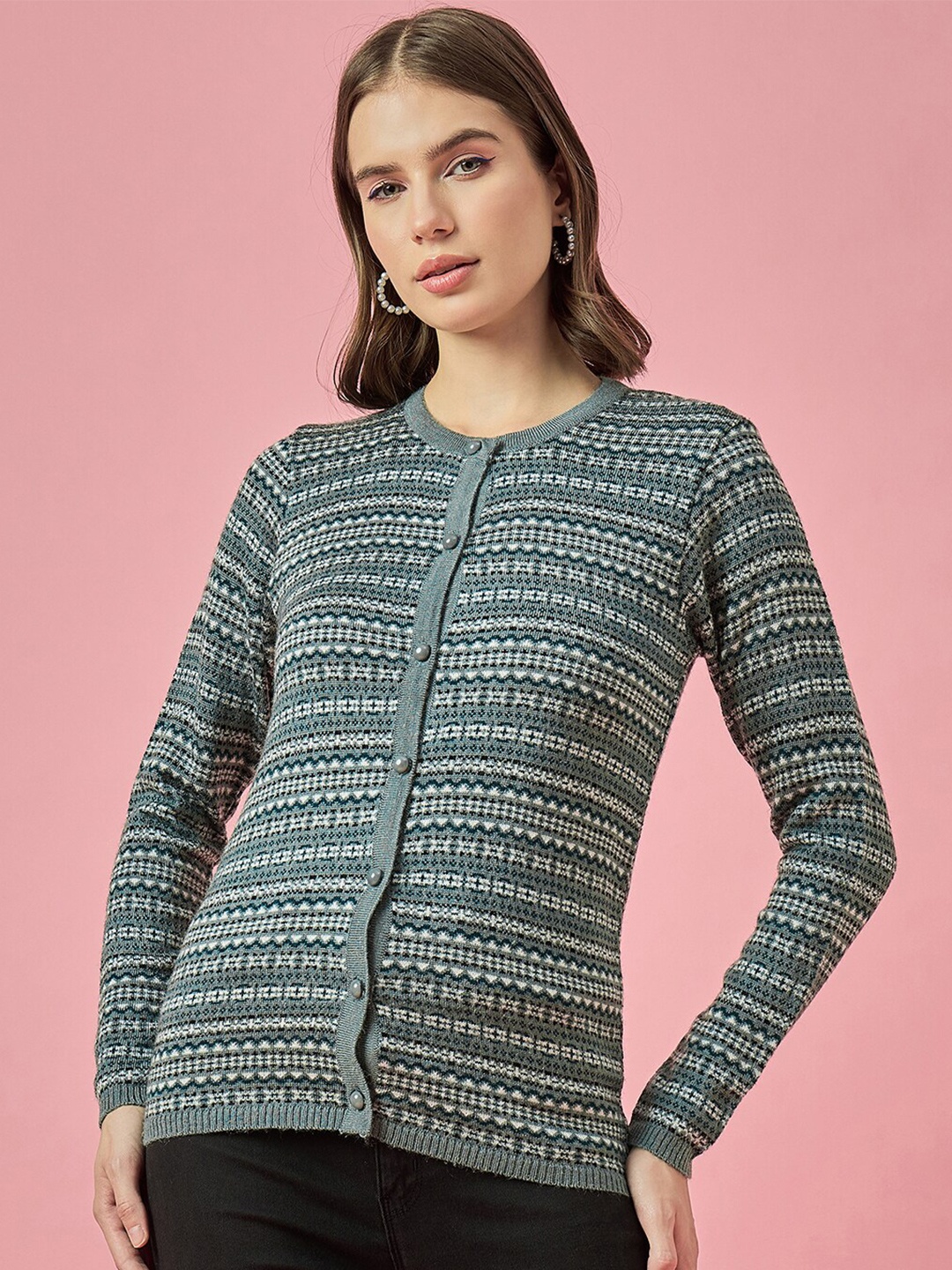 

CLAPTON Round Neck Striped Woollen Cardigan, Steel