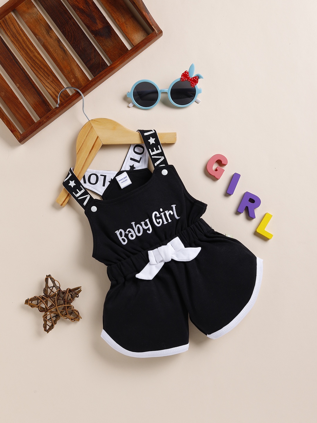 

Moms Love Infant Girls Pure Cotton Self Design Basic Jumpsuit, Black