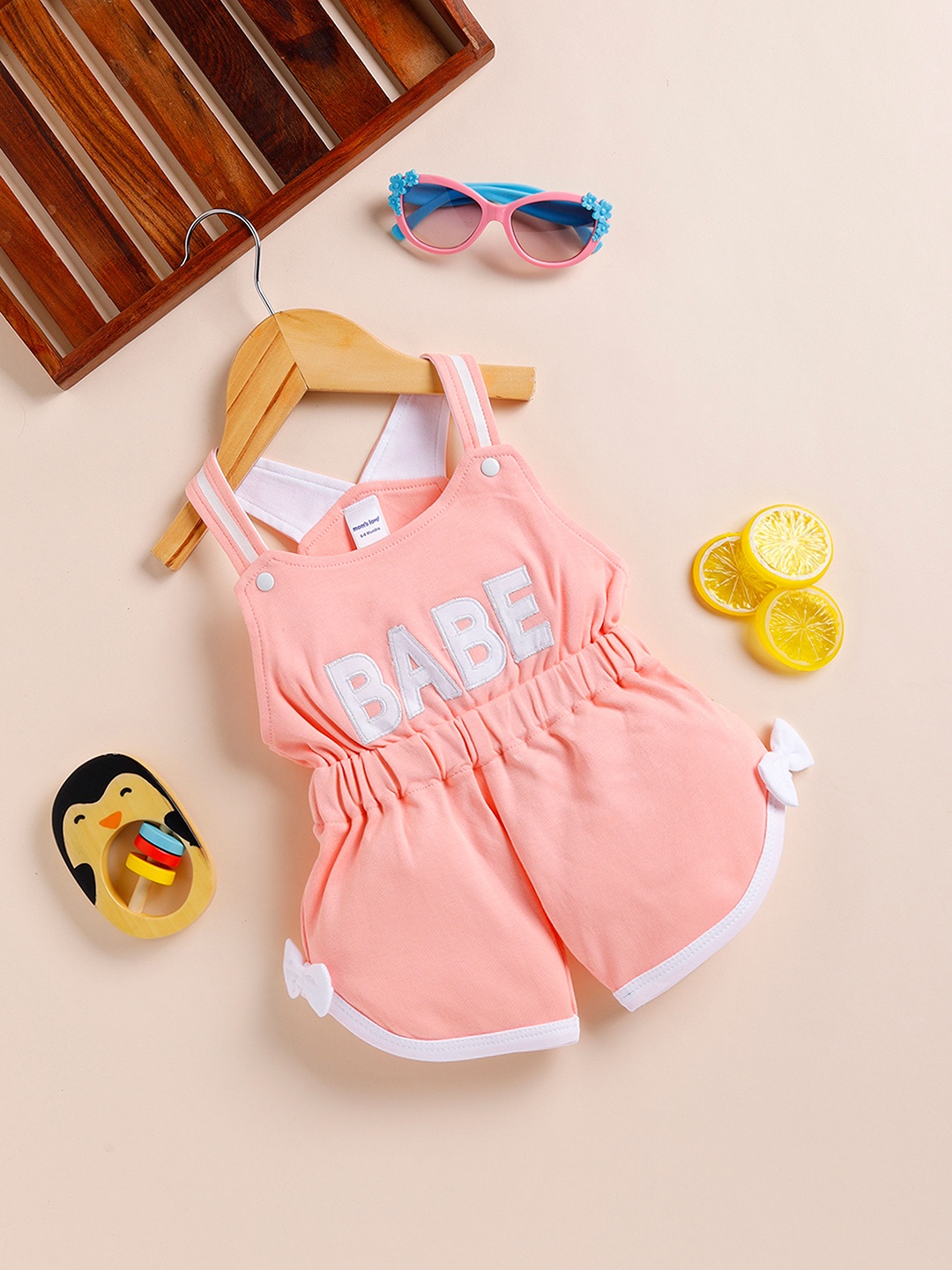 

Moms Love Infant Girls Pure Cotton Self Design Basic Jumpsuit, Peach