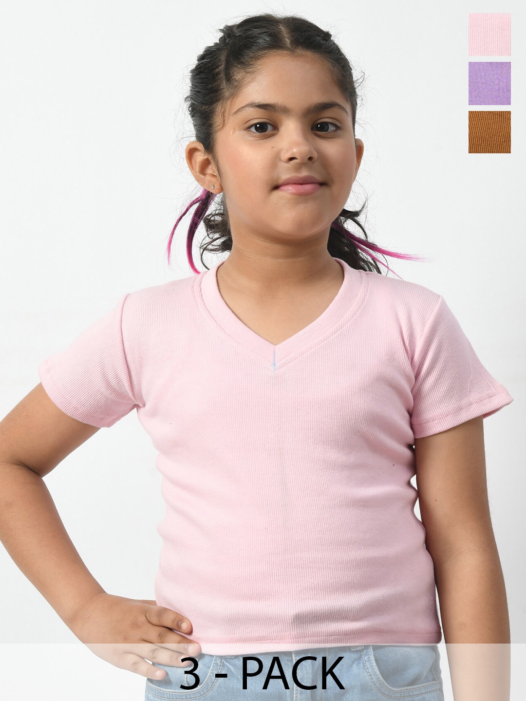 

BAESD Girls Pack Of 3 V-Neck Rib Relaxed Fit T-shirts, Purple