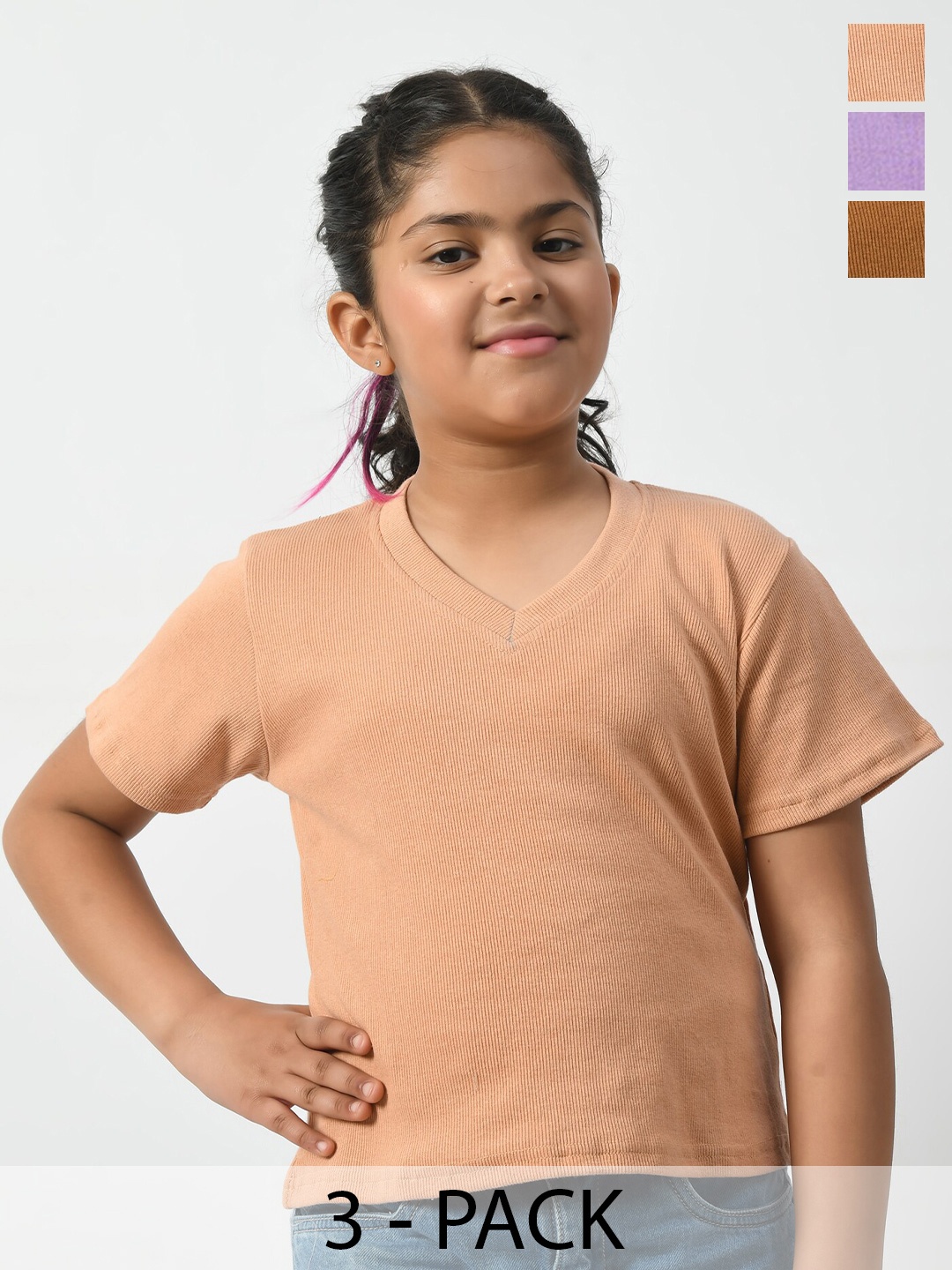 

BAESD Girls Pack Of 3 V-Neck Rib Relaxed Fit T-shirts, Purple