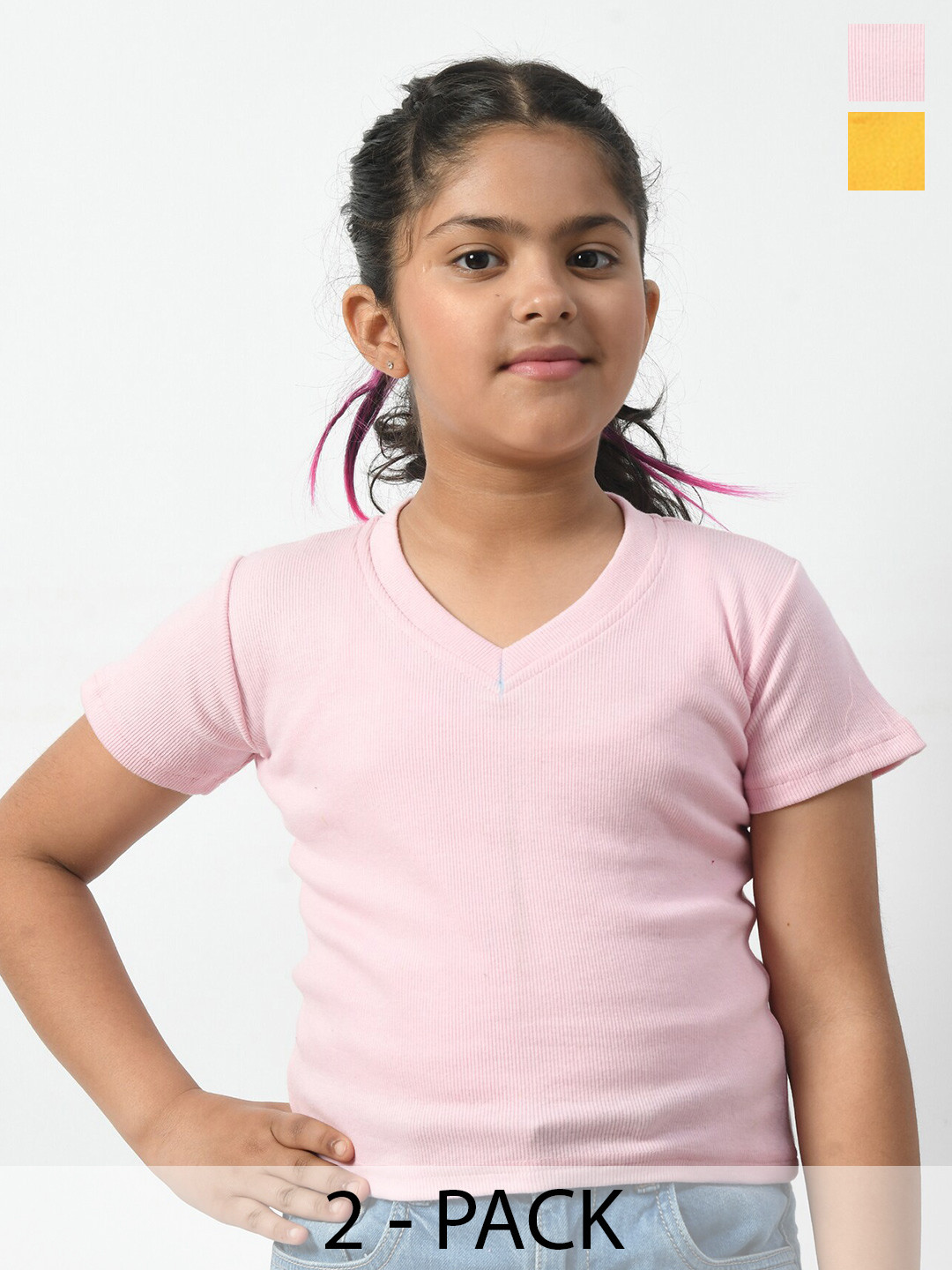 

BAESD Girls Pack Of 2 Striped V-Neck T-shirt, Pink