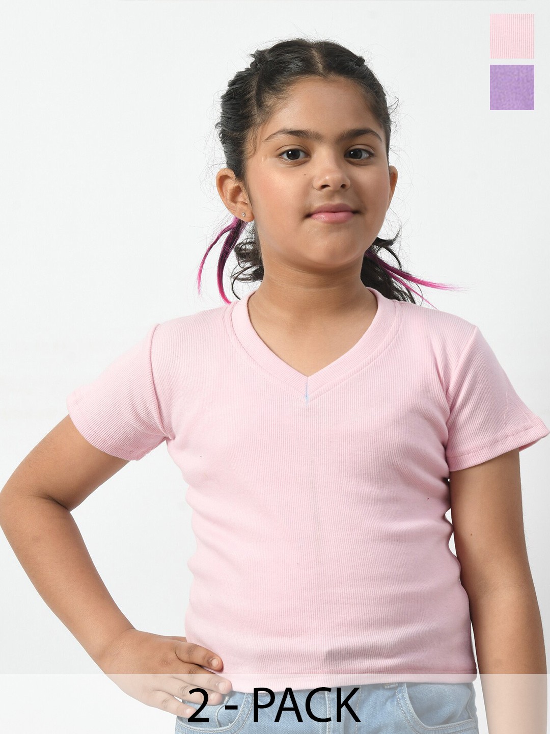 

BAESD Girls Pack Of 2 V-Neck Rib Relaxed Fit T-shirts, Pink