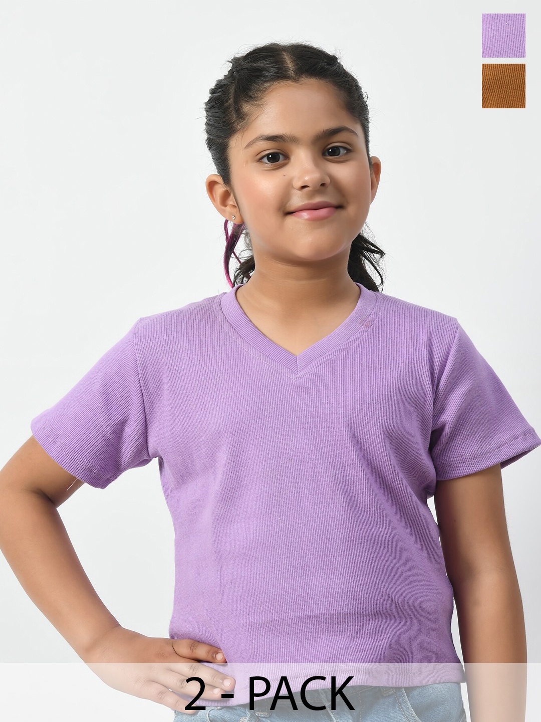 

BAESD Girls Pack Of 2 Solid Polyester V-Neck T-shirt, Purple