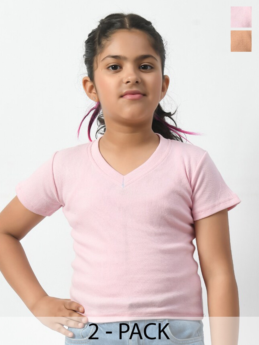 

BAESD Girls Pack Of 2 Striped V-Neck T-shirt, Pink