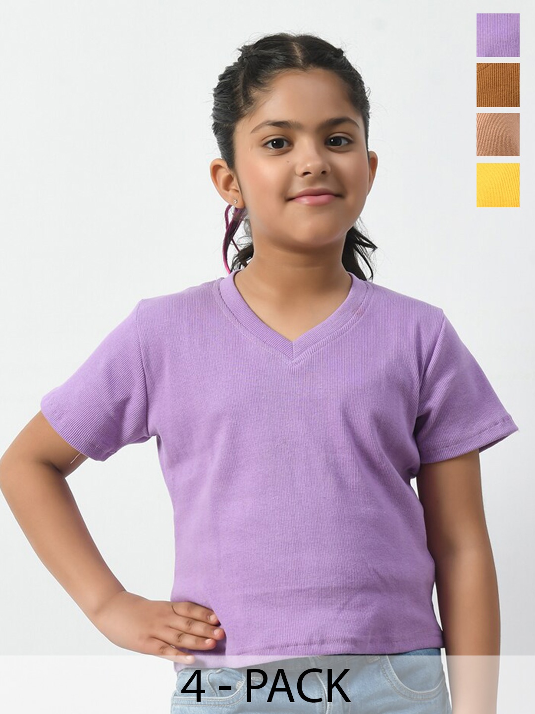 

BAESD Girls Pack Of 4 V-Neck Rib Relaxed Fit T-shirts, Purple