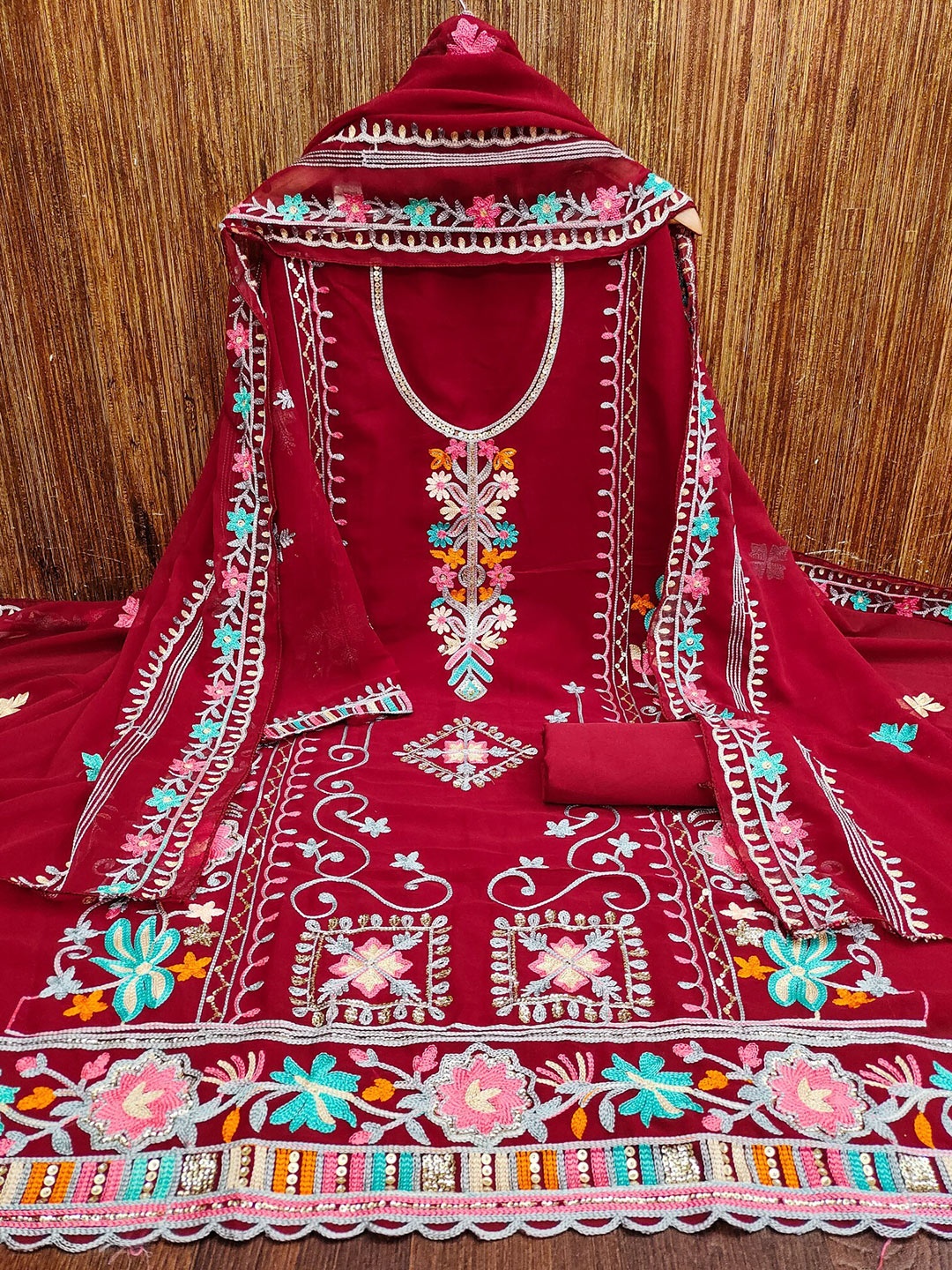 

LeeliPeeri Designer Embroidered Unstitched Dress Material, Red
