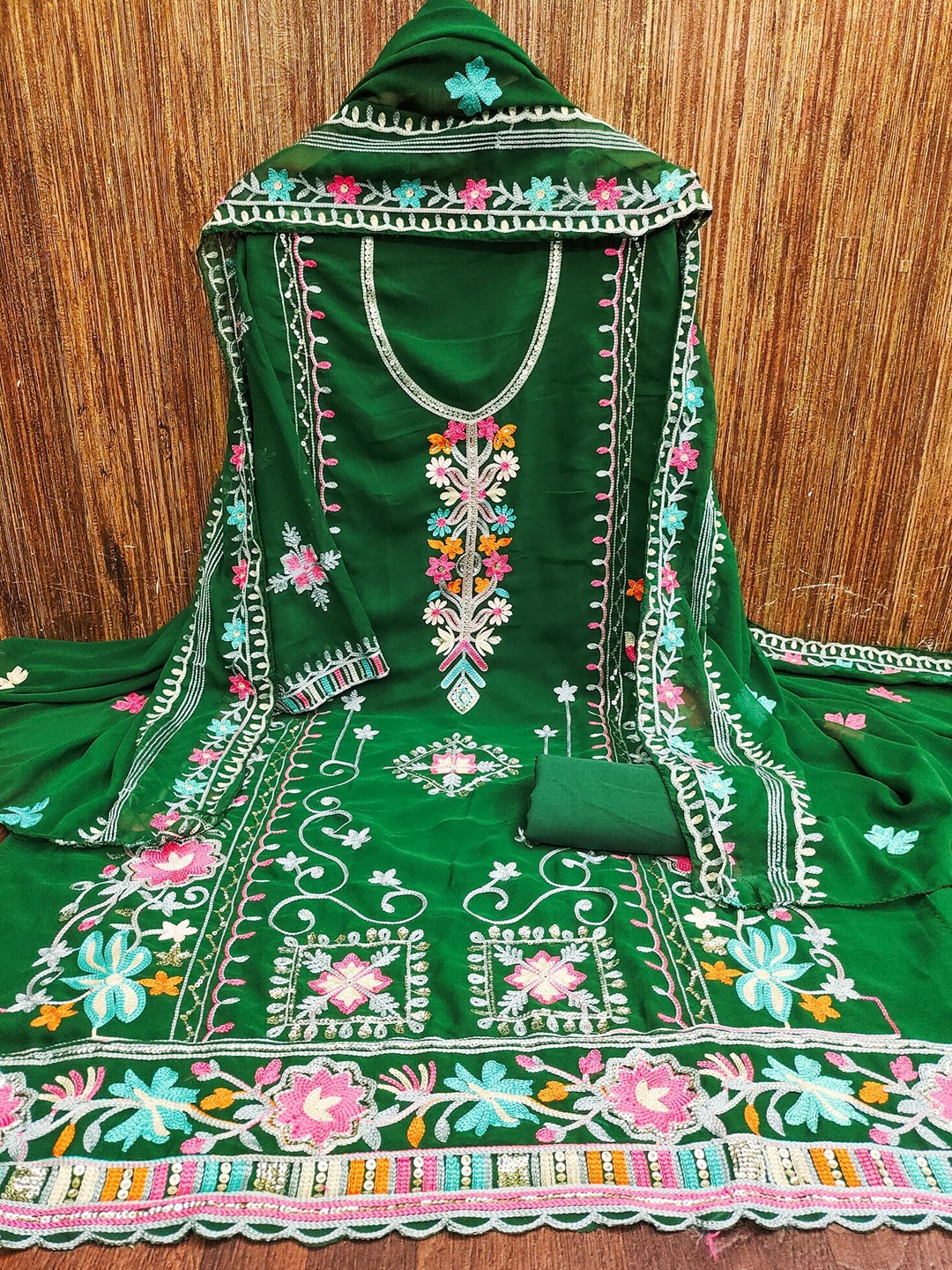 LeeliPeeri Designer Floral Embroidered Unstitched Dress Material, Green
