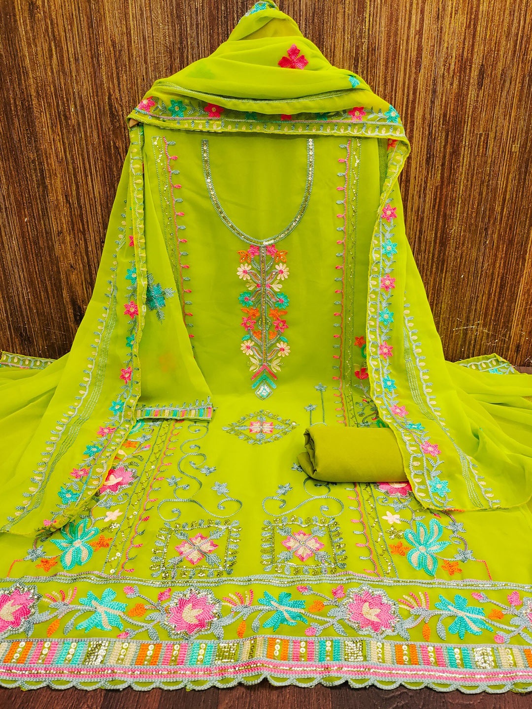 LeeliPeeri Designer Embroidered Unstitched Dress Material, Lime green