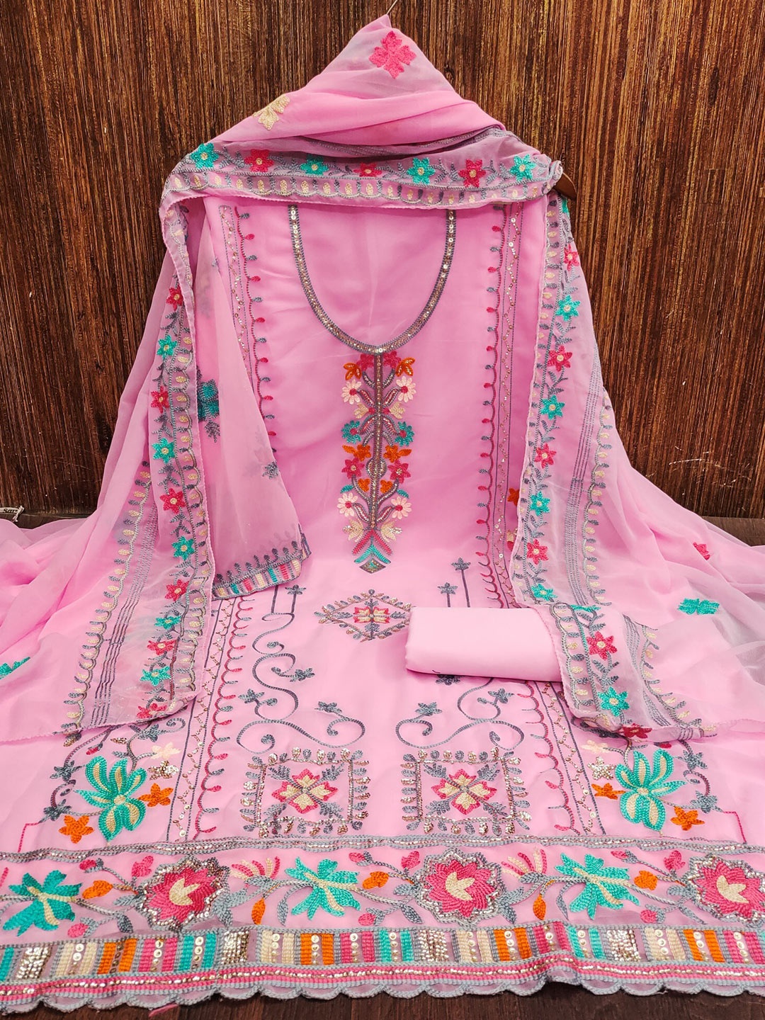 LeeliPeeri Designer Embroidered Unstitched Dress Material, Pink