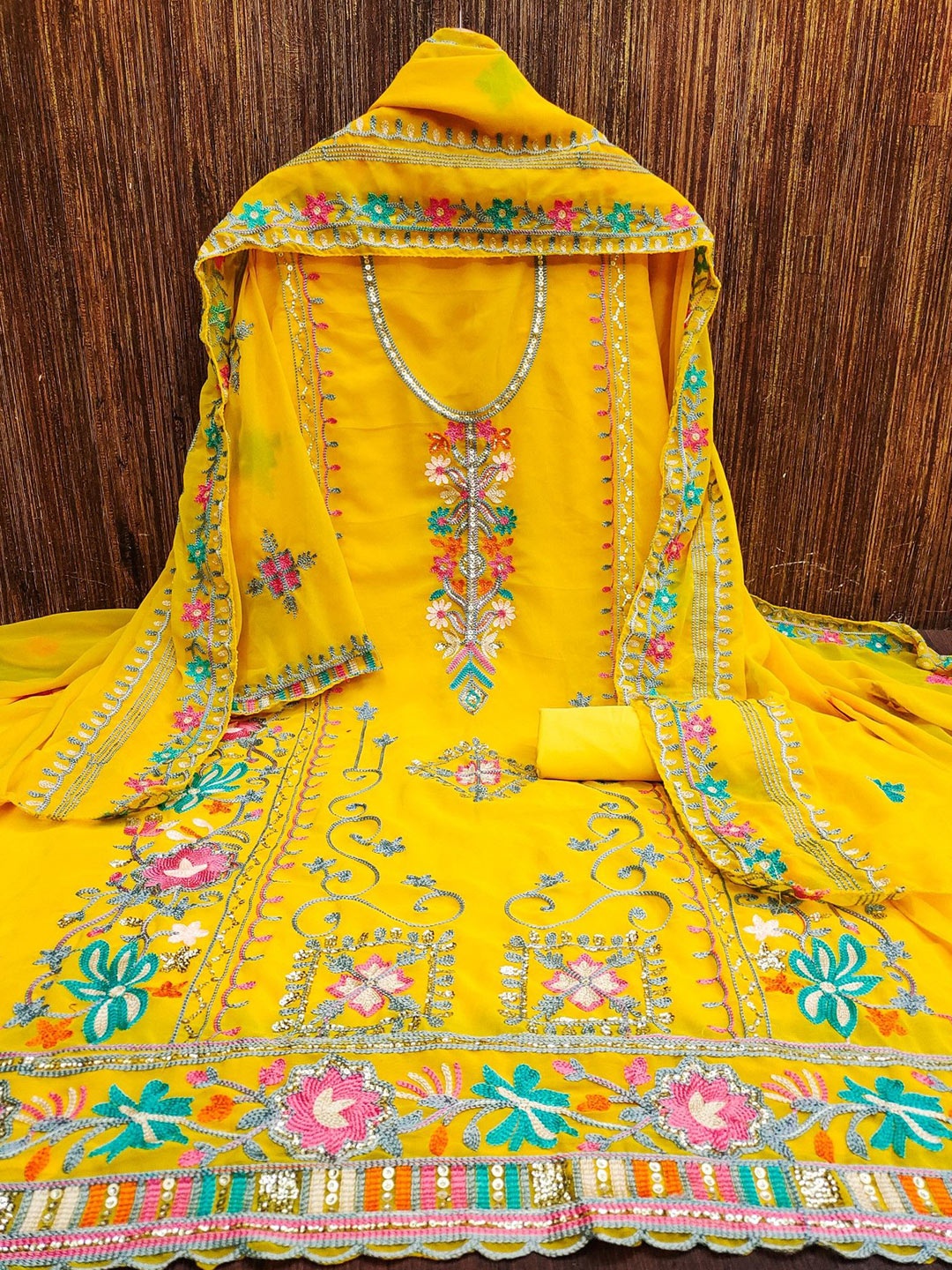 LeeliPeeri Designer Embroidered Unstitched Dress Material, Yellow