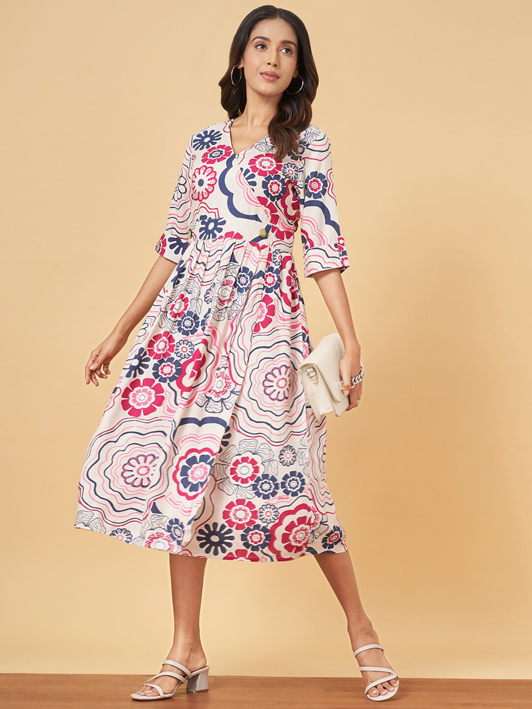 

YU by Pantaloons Ethnic Motifs Printed Fit & Flare Midi Dress, Beige