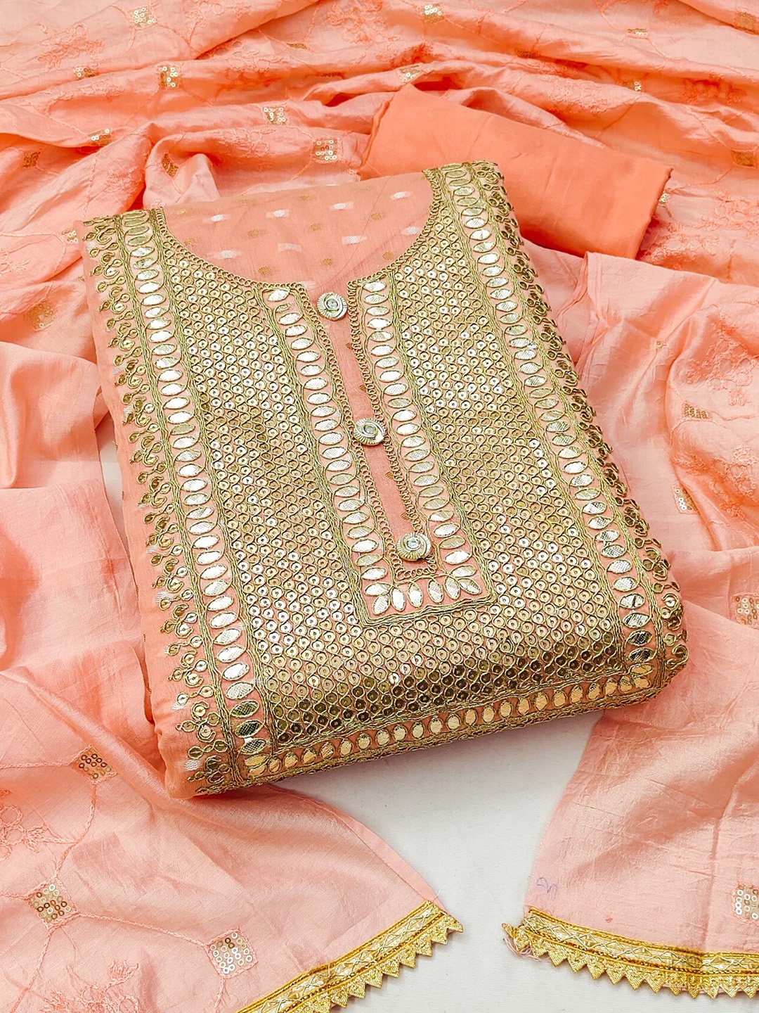 

LeeliPeeri Designer Embroidered Unstitched Dress Material, Peach