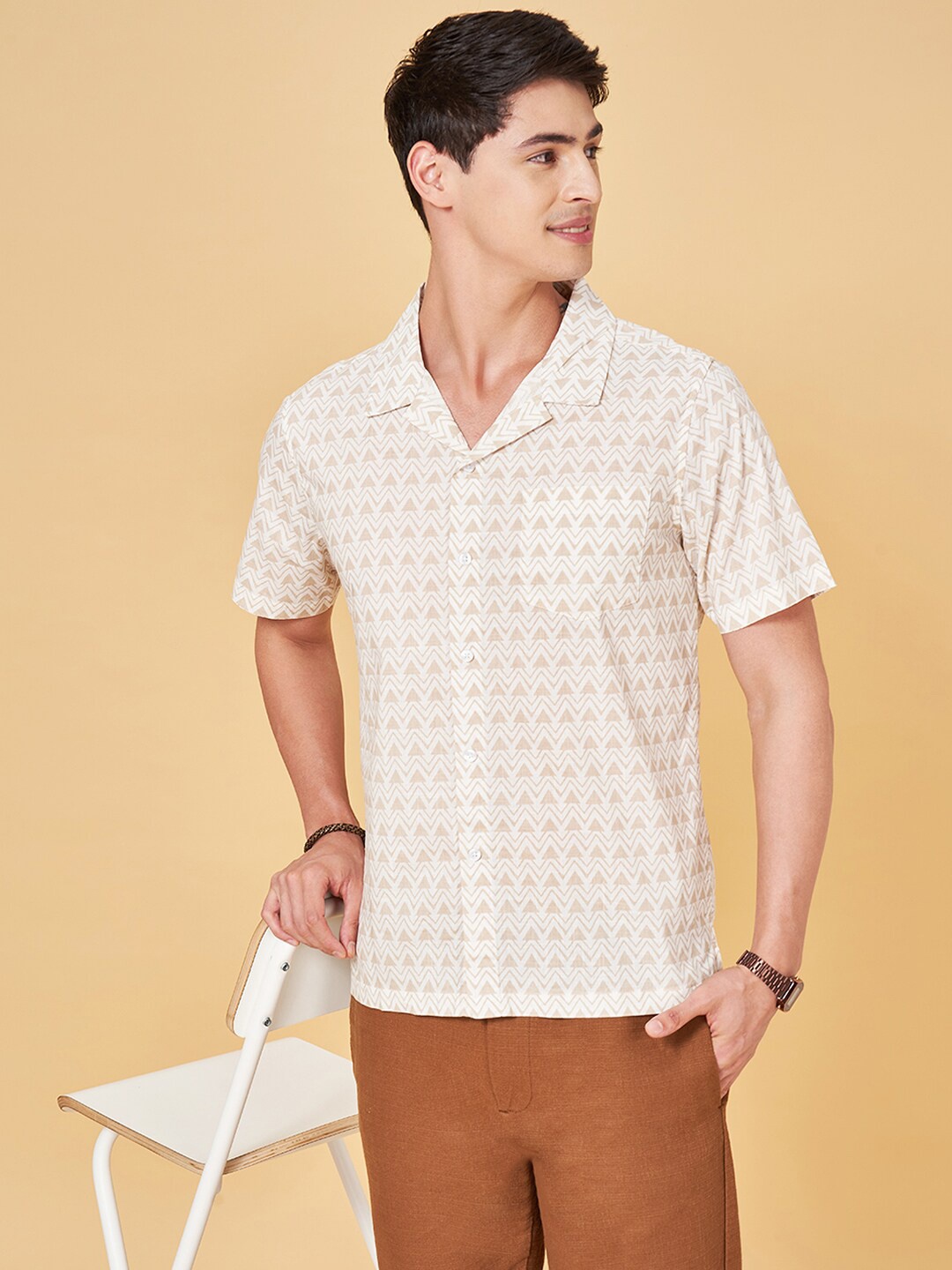 

YU by Pantaloons Printed Spread Collar Casual Shirt, Beige