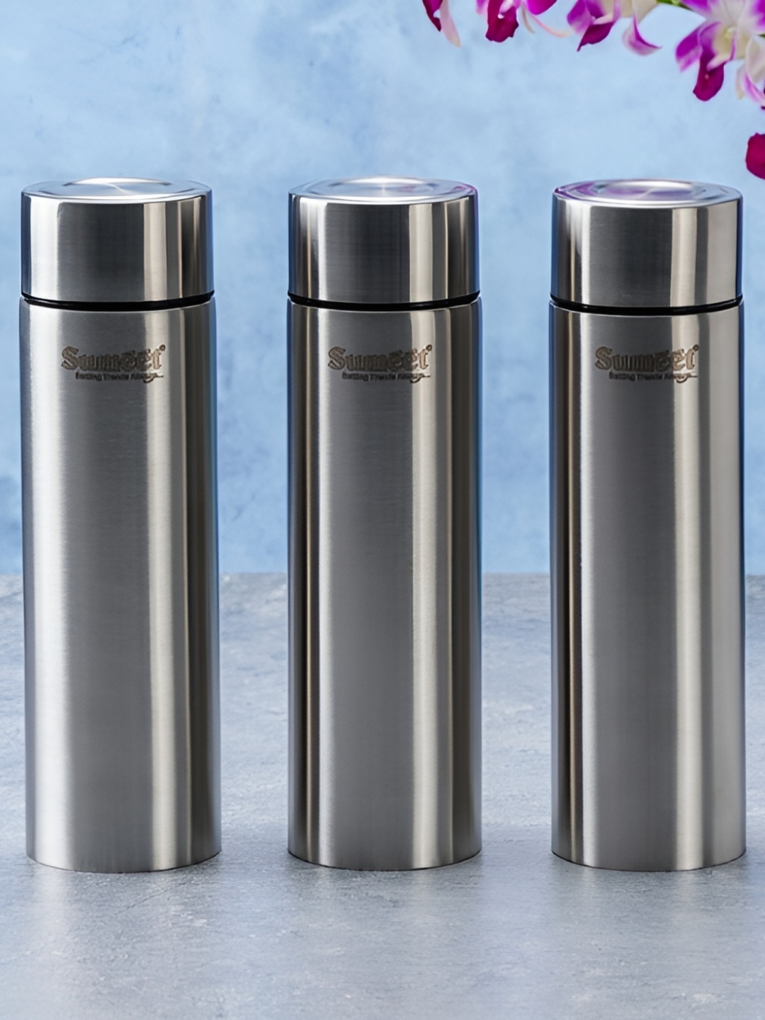 

Sumeet Silver Toned 3 Pieces Double Wall Vacuum Stainless Steel Water Bottles 1 L Each