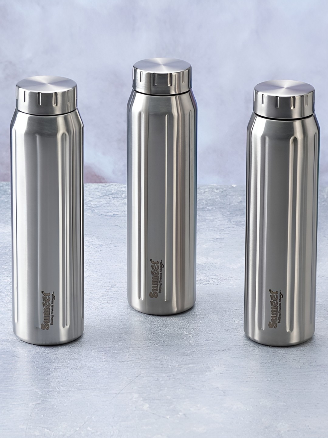 

Sumeet Silver Toned 3 Pieces Double Wall Vacuum Stainless Steel Water Bottles 900 ml Each